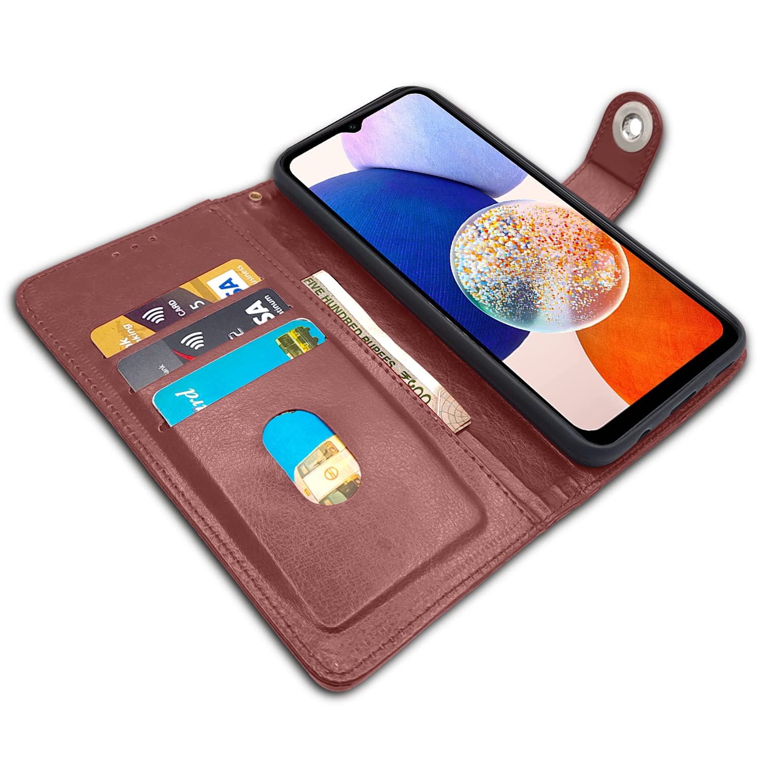 Button brown Wallet flip case for Samsung A14 4G/A14 5G – Pikkme – photo 3