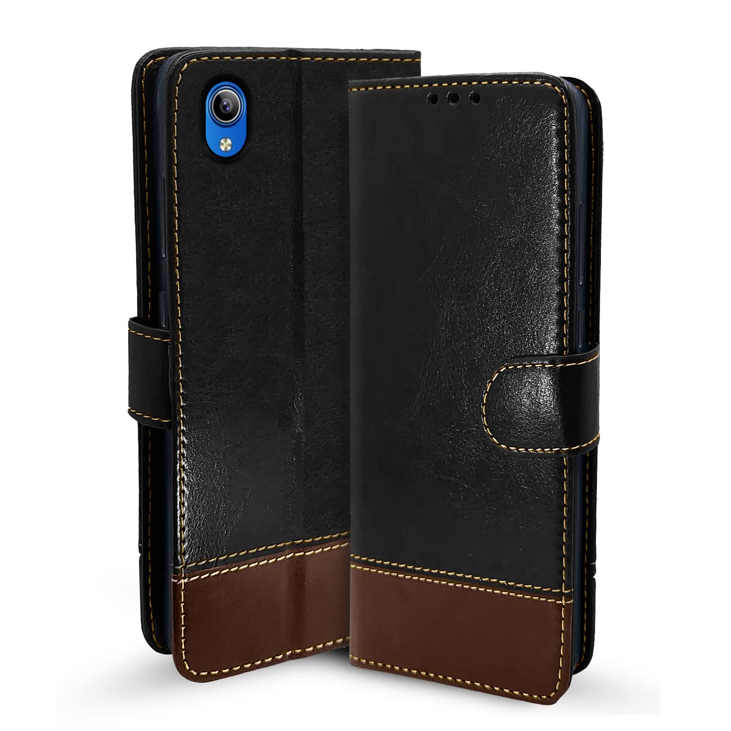 Vivo Y91i wallet flip cover in black & brown by Pikkme