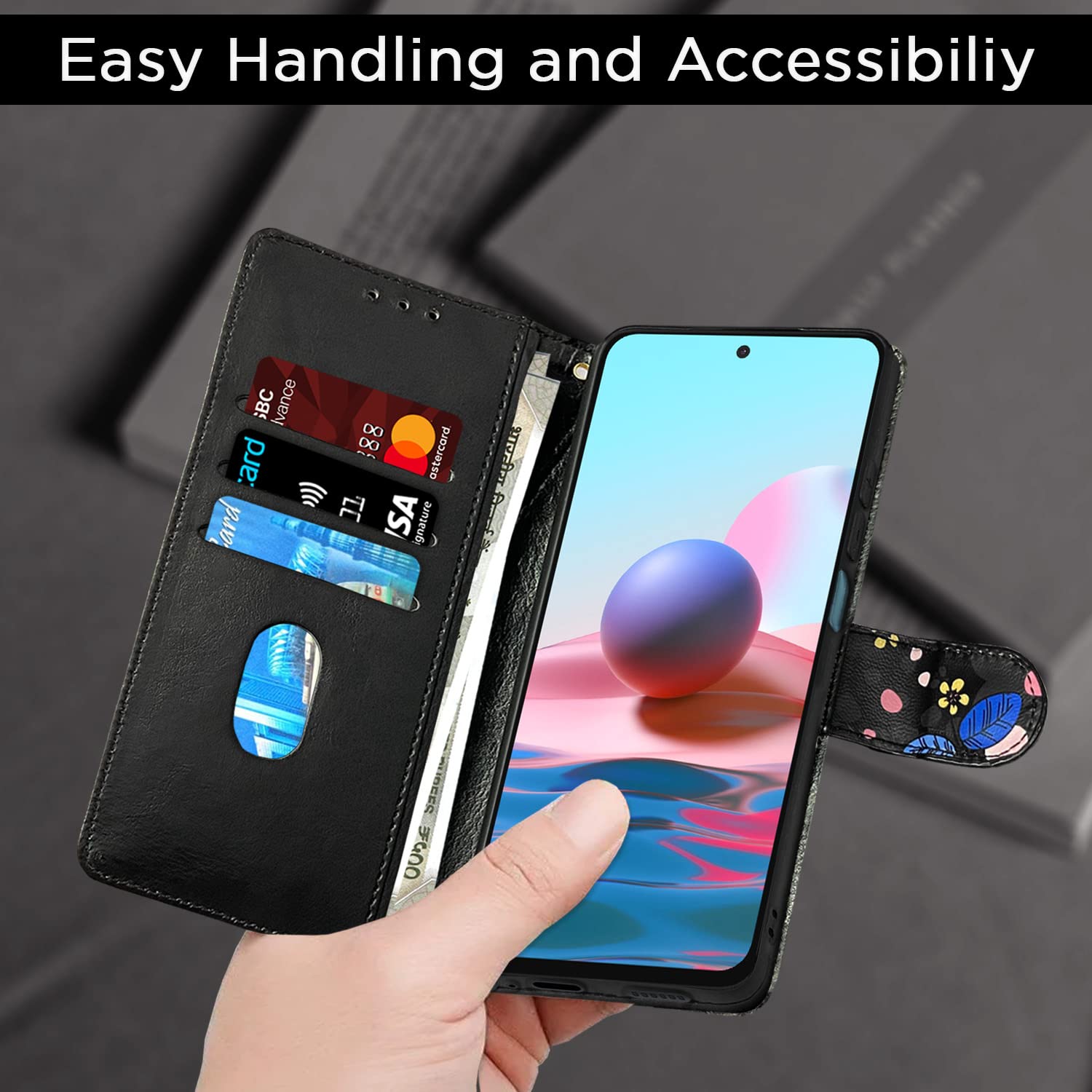 Pikkme black flower wallet flip cover for Redmi Note 10/Note 10s/Note 11 SE – photo 7