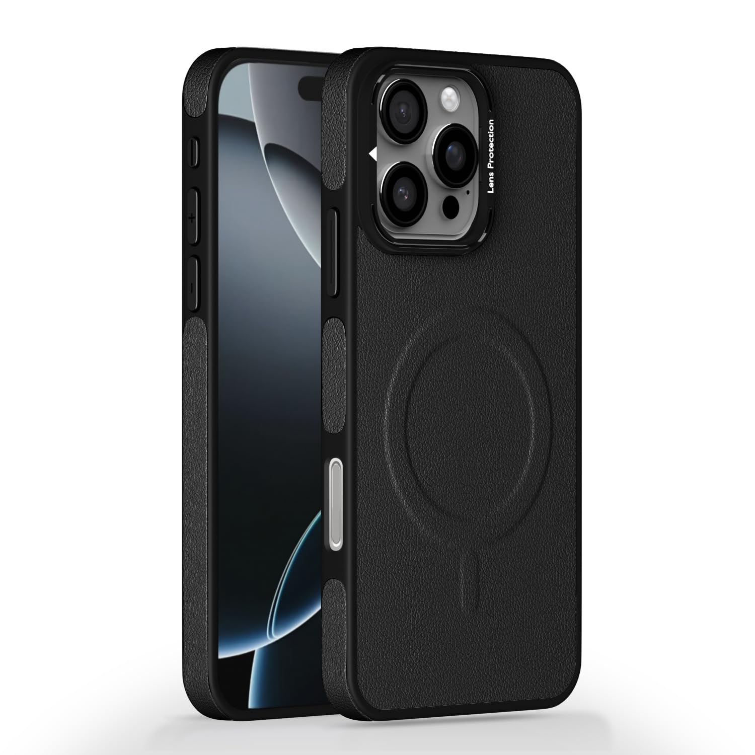 Pikkme iPhone 16 Pro Max Pu Leather with Metal Frame Lens Protection Bumper Case (Black)