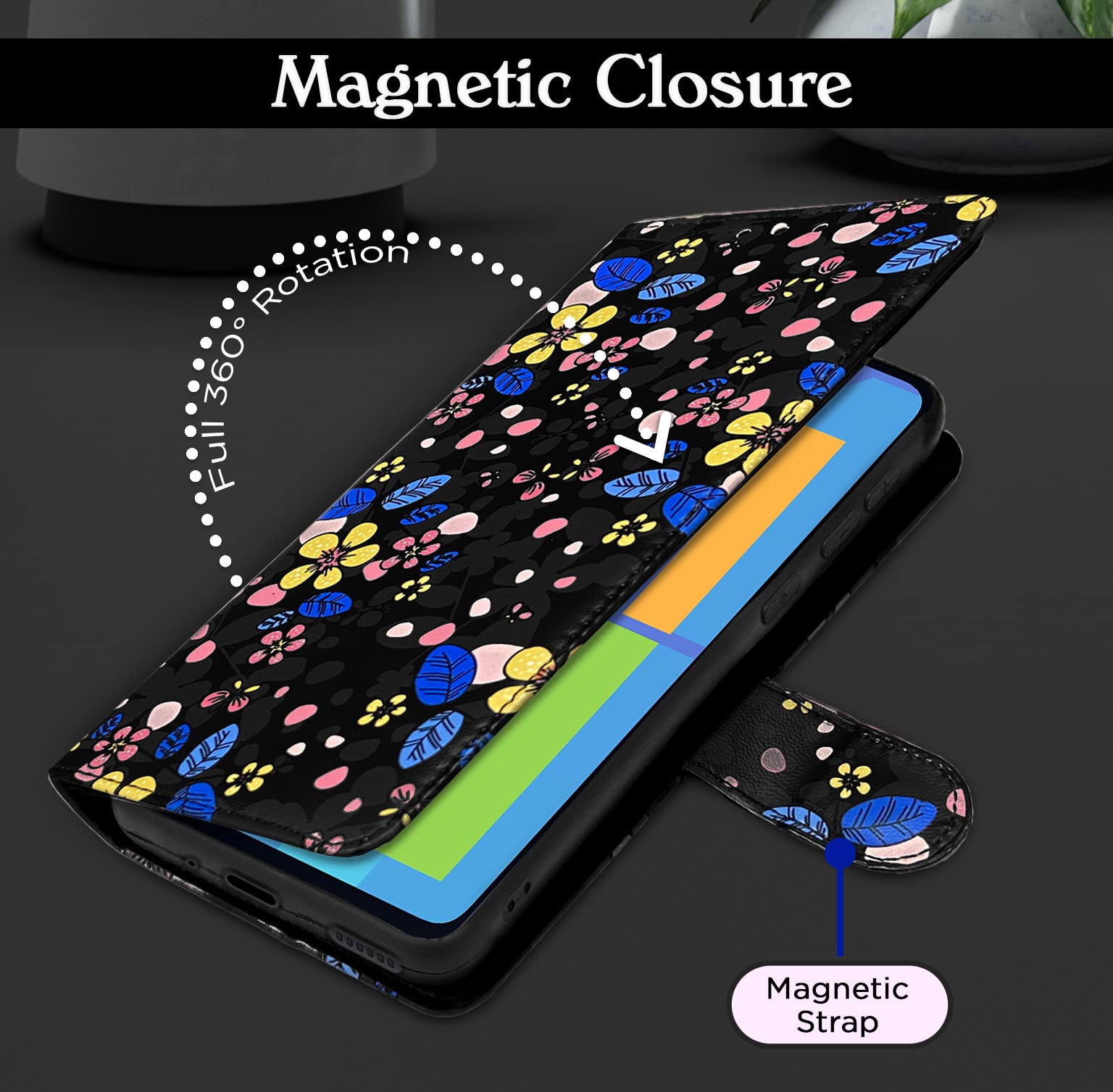 Samsung M11 Wallet flip case in black flower by Pikkme – photo 3