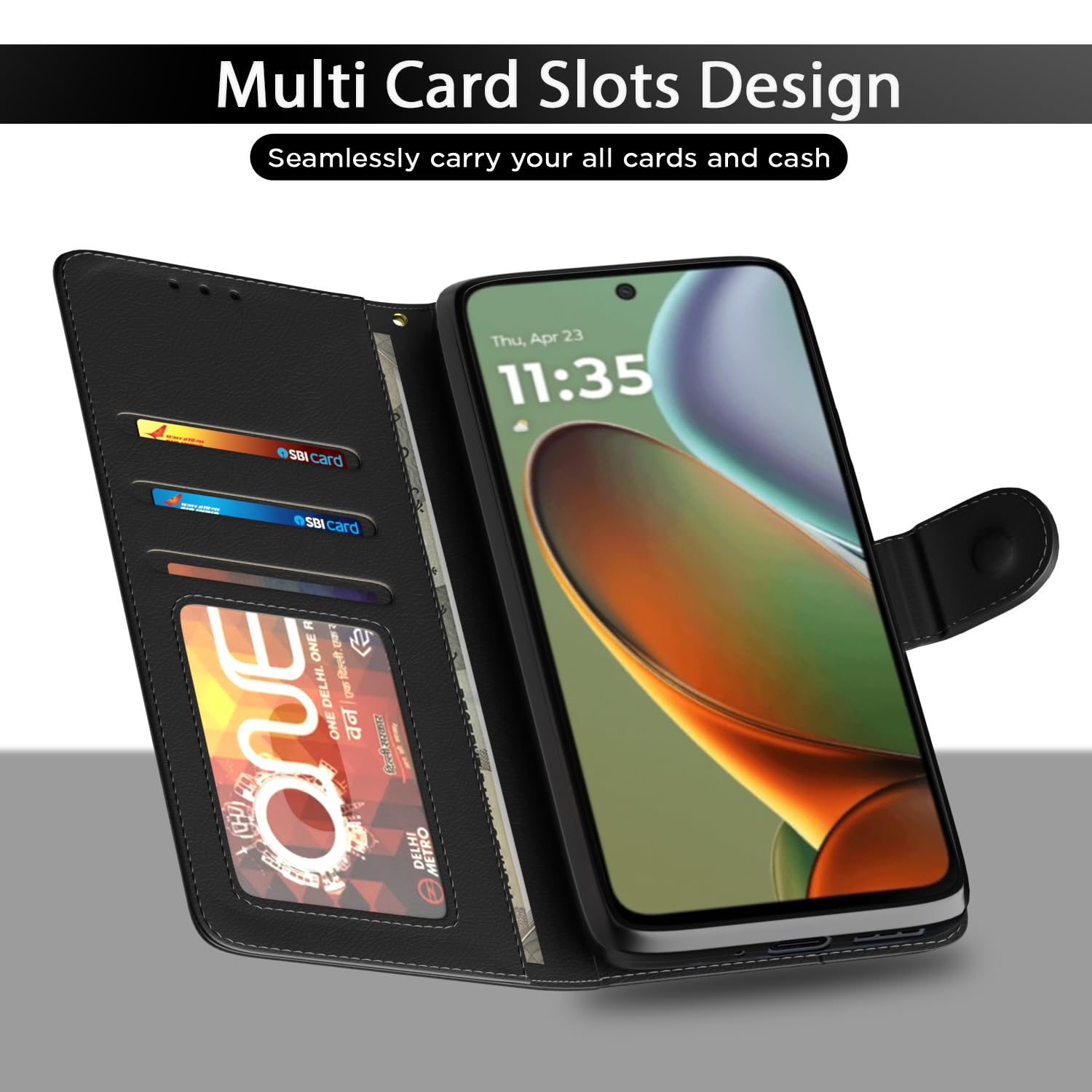 Pikkme Motorola Moto G05 Premium Leather Finish Vintage Flip Cover (Black)