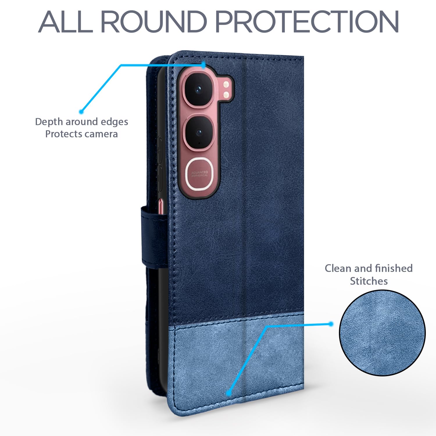 Vivo Y31 5G wallet flip cover in navy & light blue by Pikkme – photo 4