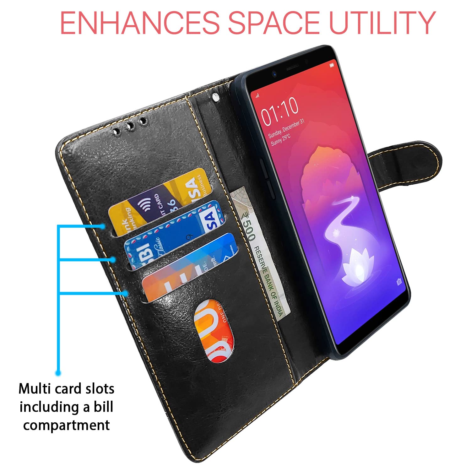 Black & brown Magnetic wallet flip cover for Realme 1 – Pikkme – photo 3