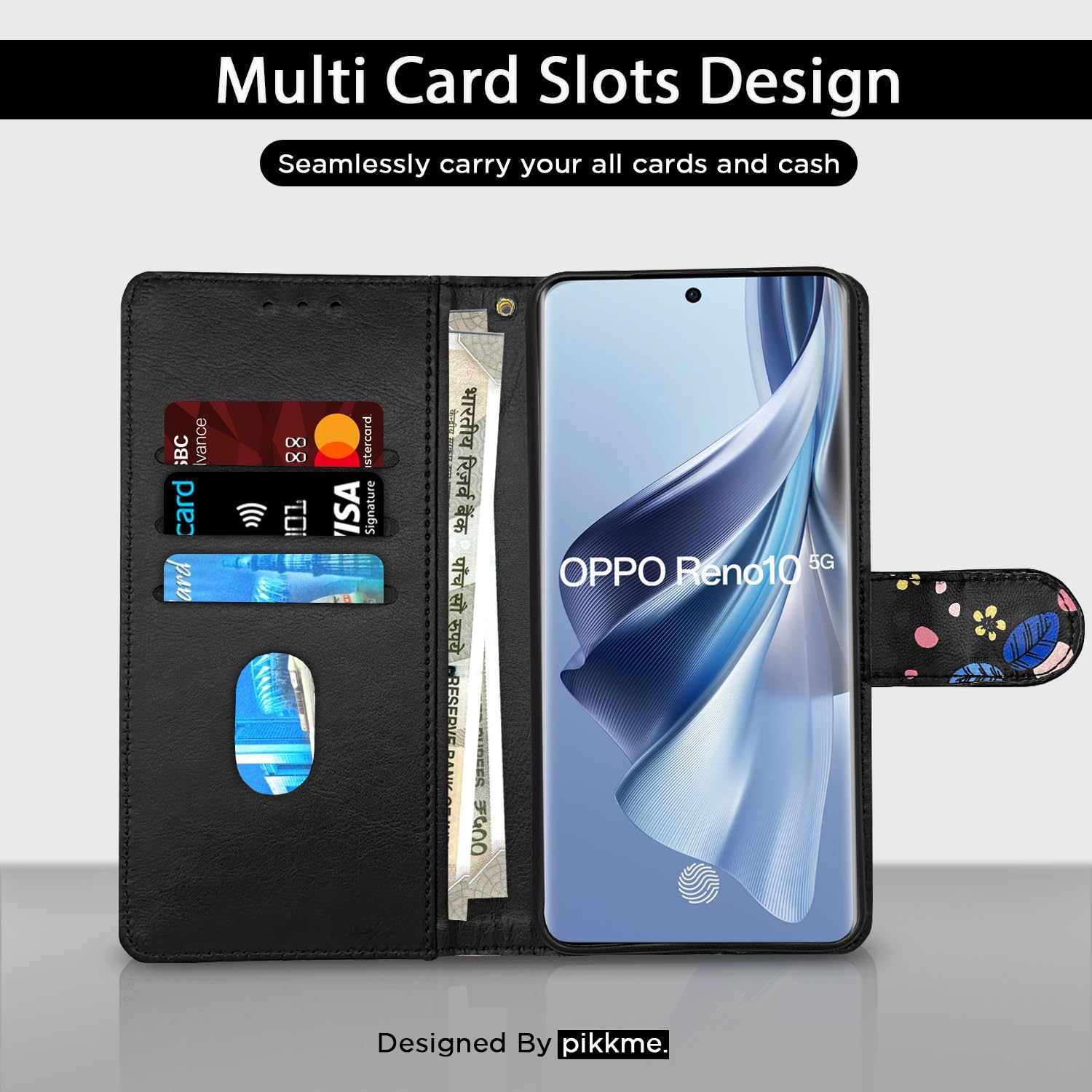 Pikkme Oppo Reno 10 5G black flower flip cover – photo 3