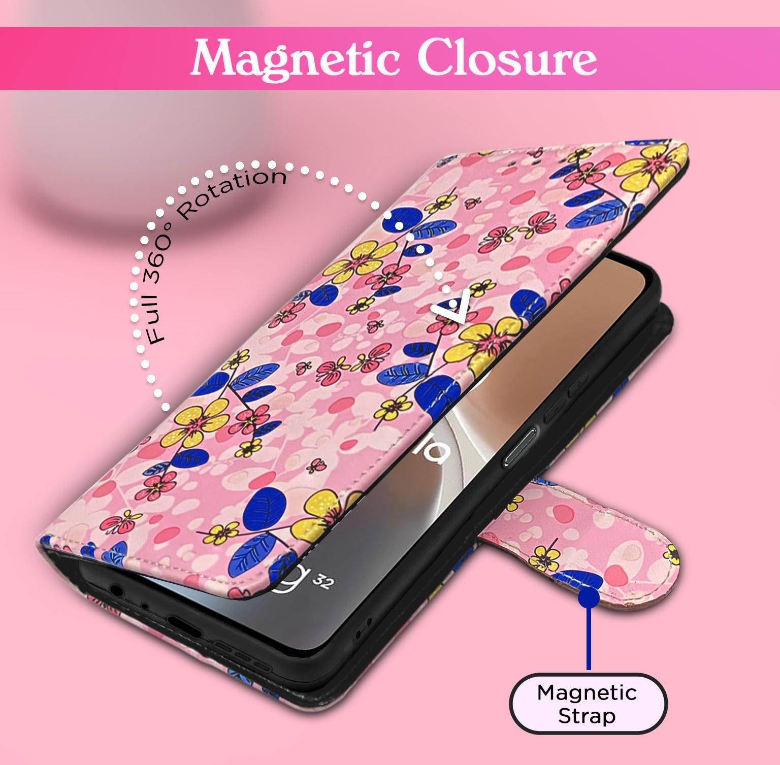 Pink flower mobile flip cover for Moto G32 – Pikkme – photo 2