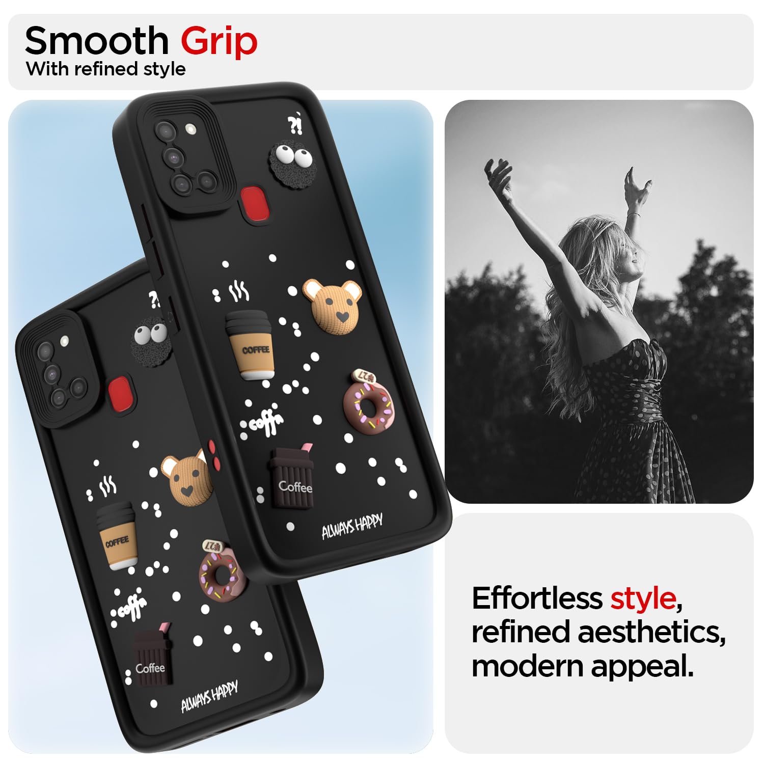 Pikkme Samsung Galaxy A21s Cute Fun Cartoon 3D Bear Coffee Back Cover (Black)