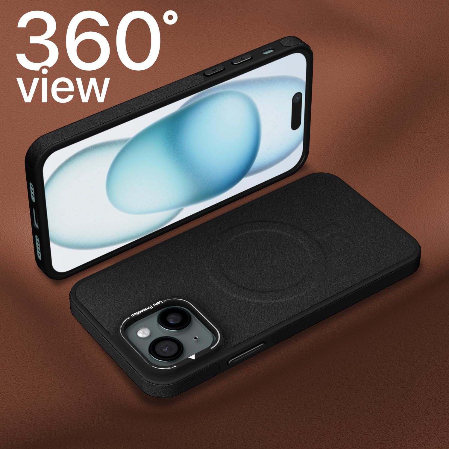 Pikkme iPhone 15 Pu Leather with Metal Frame Lens Protection Bumper Case (Black)