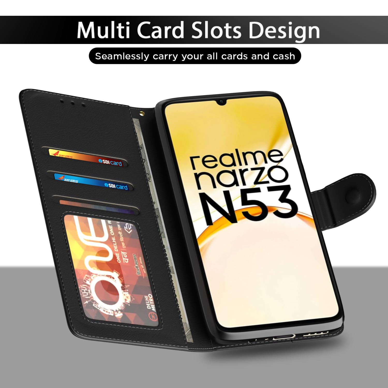 Realme Narzo N53 wallet flip cover in black by Pikkme – photo 5