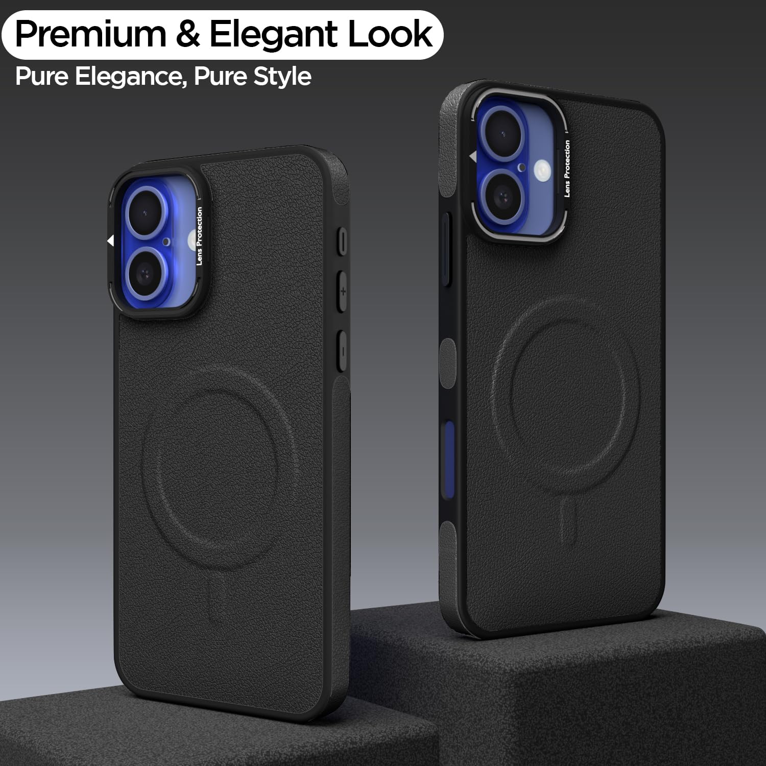 Pikkme iPhone 16 Pu Leather with Metal Frame Lens Protection Bumper Case (Black)