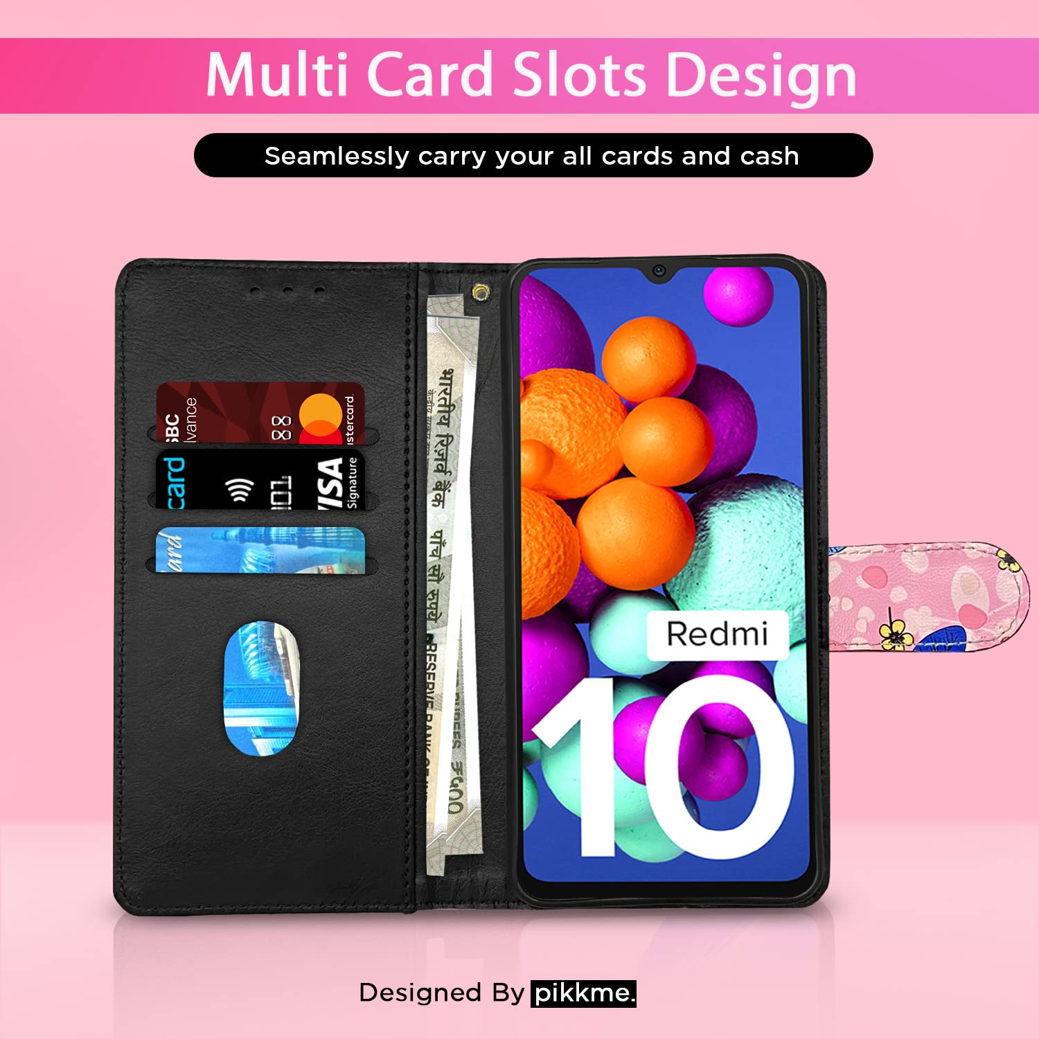 Redmi 10/10 Power Wallet flip case in pink flower by Pikkme – photo 2