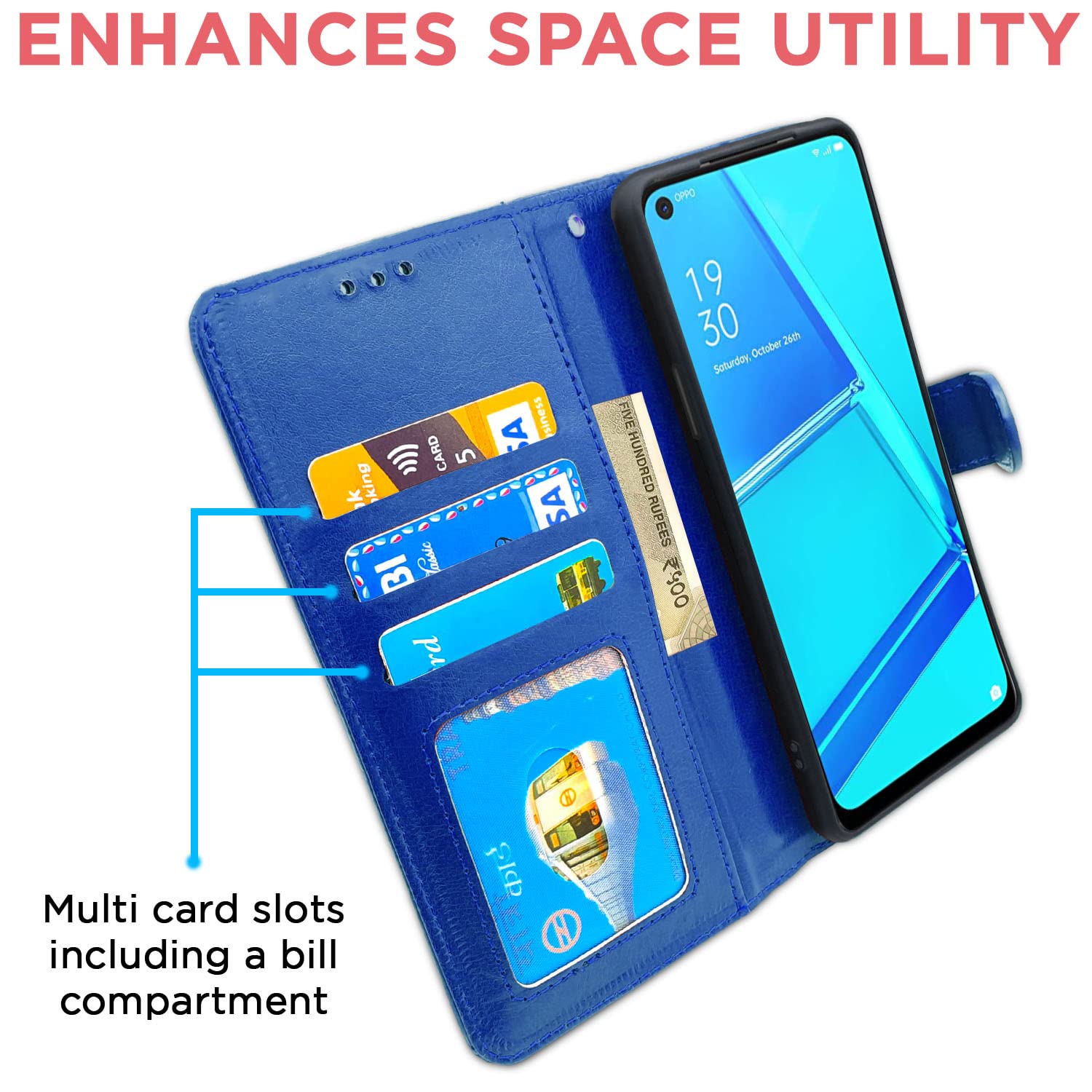 Oppo A52 Wallet flip case in blue by Pikkme – photo 3