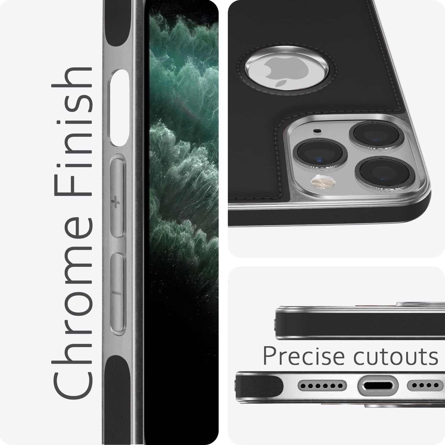 Pikkme iPhone 11 Pro Max Silver Electroplated Chrome Leather Back Cover (Black)