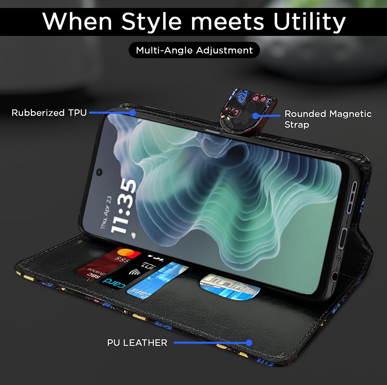 Pikkme Moto G35 5G Wallet black flower mobile flip cover – photo 5