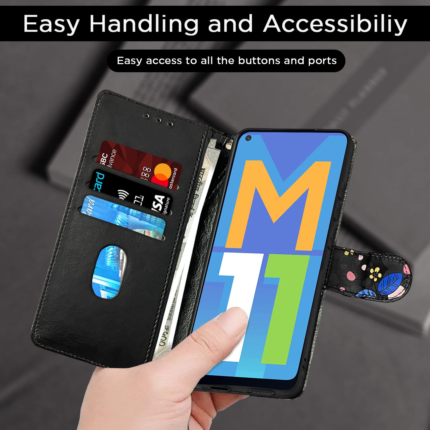 Pikkme black flower Wallet mobile flip cover for Samsung M11 – photo 6