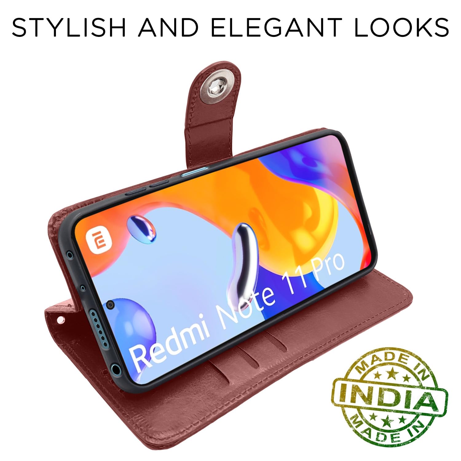 Redmi Note 11 Pro/Note 11 Pro Plus 5G Button mobile flip cover in brown by Pikkme – photo 5
