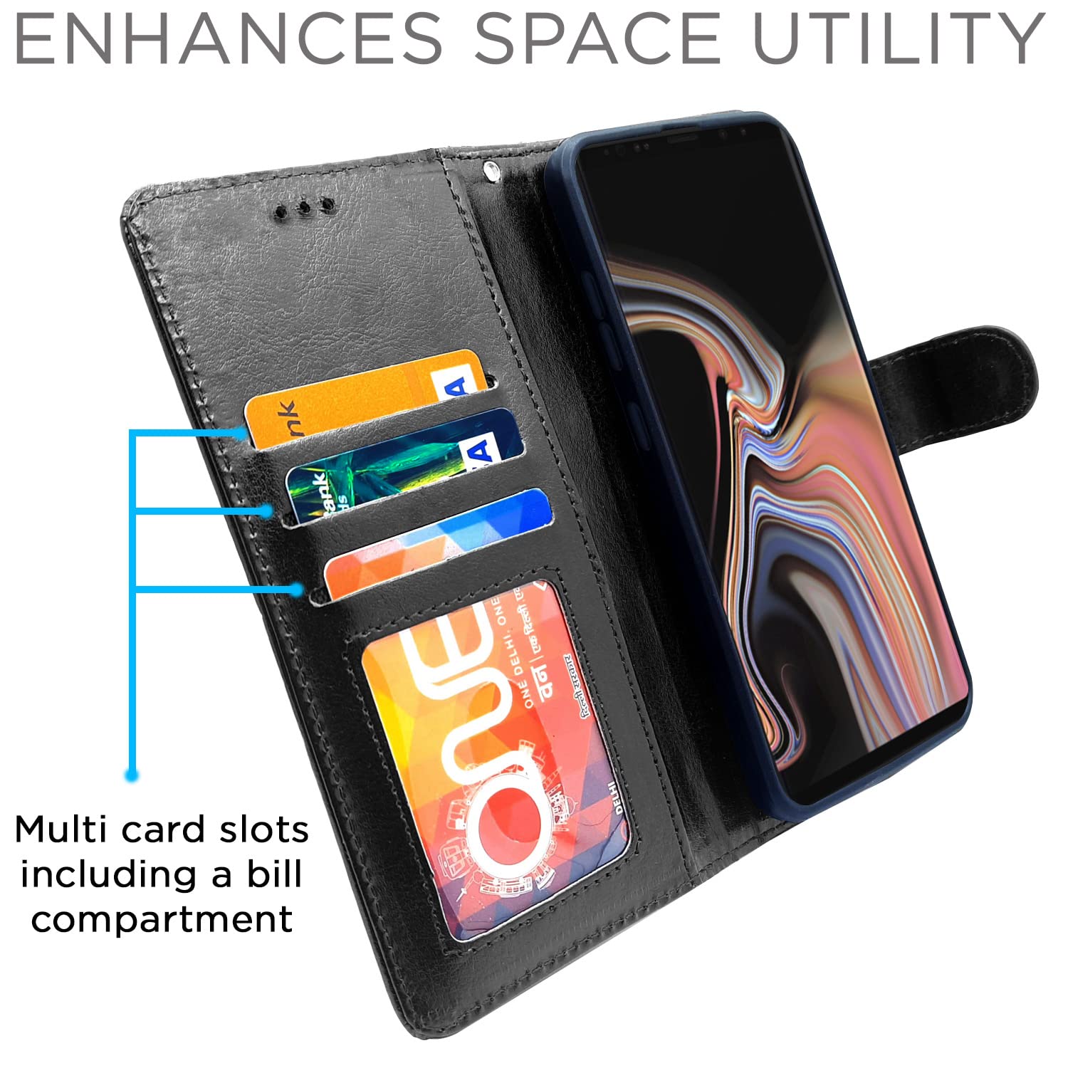Samsung Note 9 wallet flip cover in black by Pikkme – photo 3