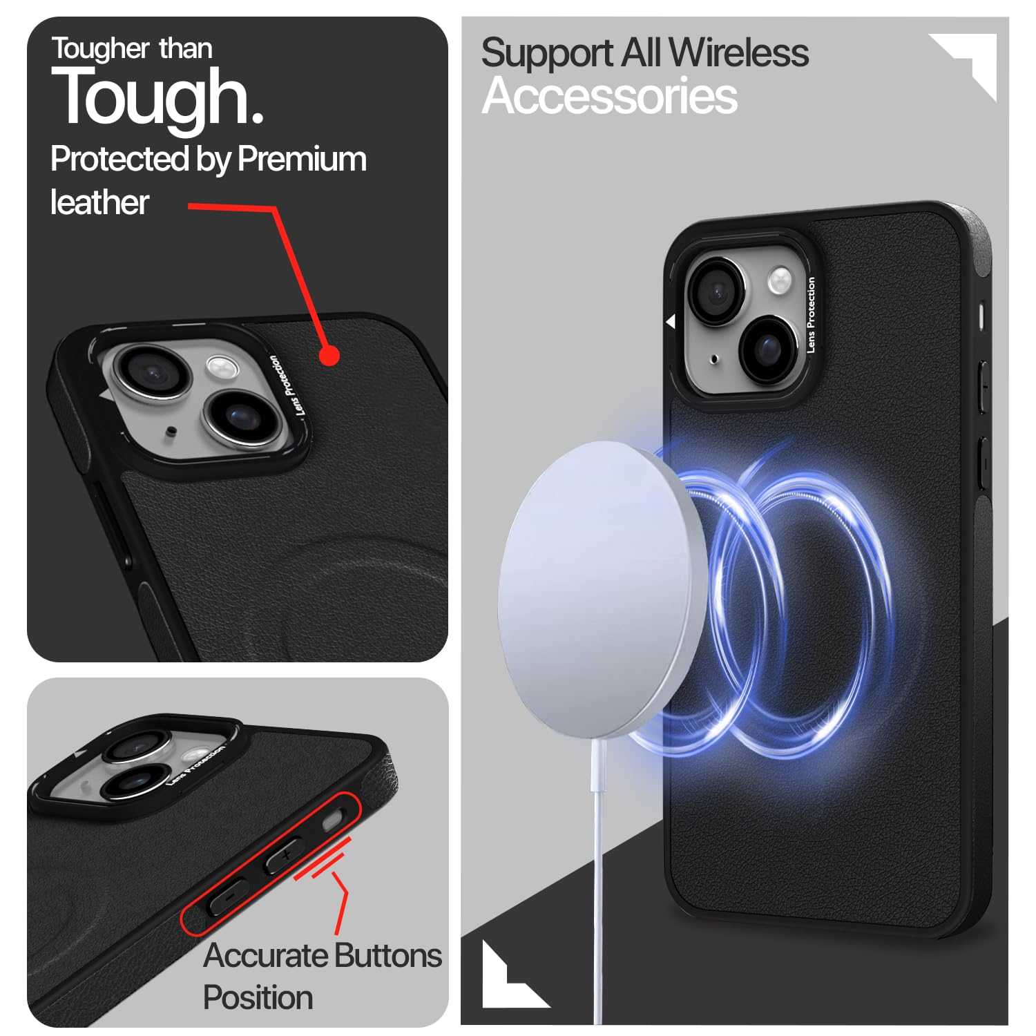 Pikkme iPhone 13 / iPhone 14 Pu Leather with Metal Frame Lens Protection Bumper Case (Black)