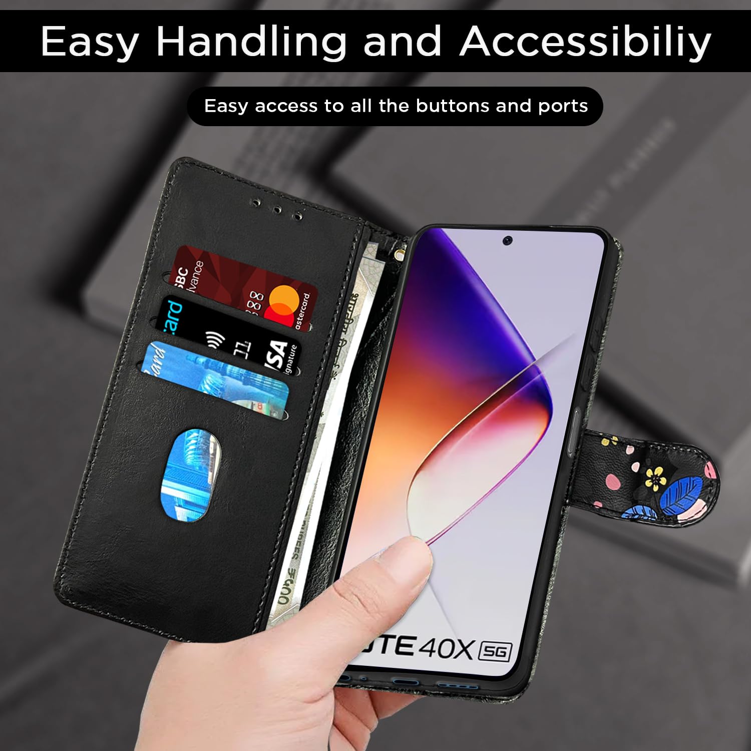 Black flower Wallet mobile flip cover for Infinix Note 40X 5G – Pikkme – photo 7