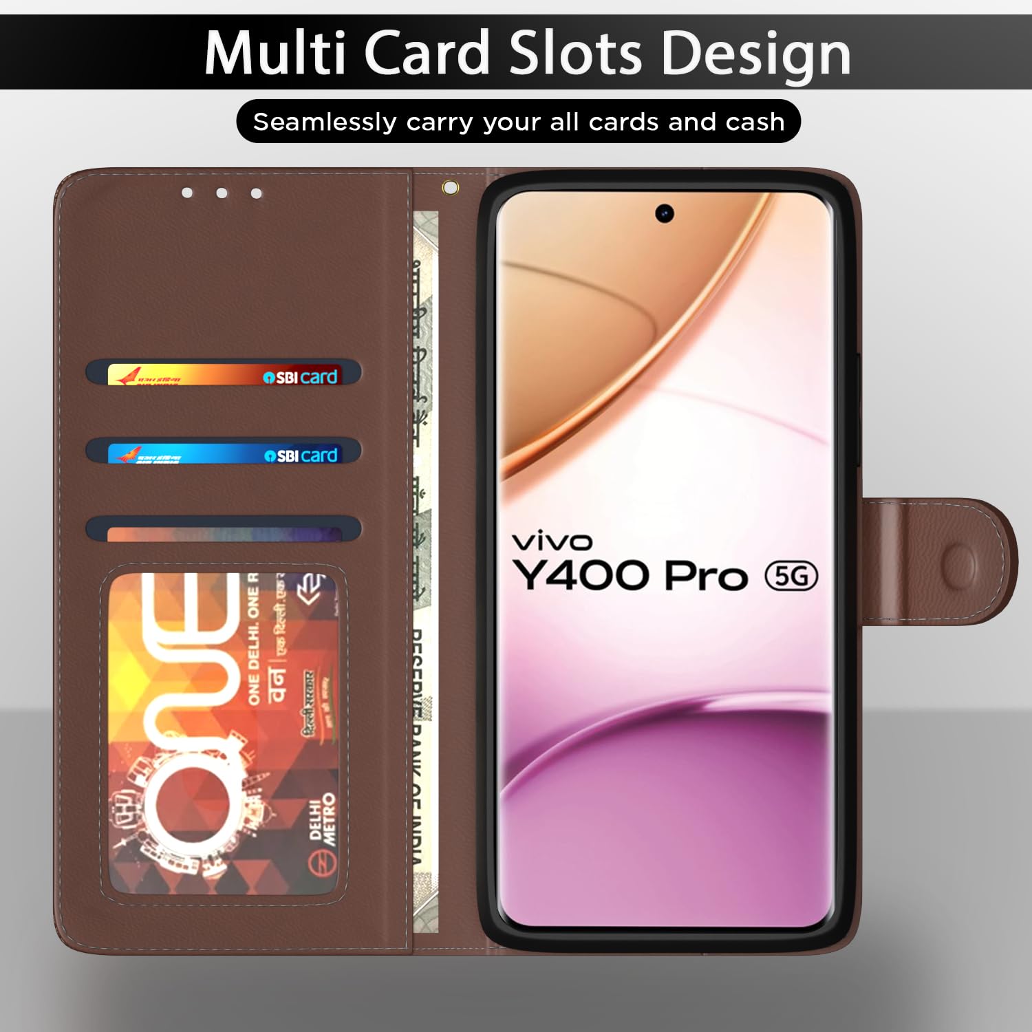 Pikkme Vivo Y400 Pro 5G Contrast Flip Cover (Tan)