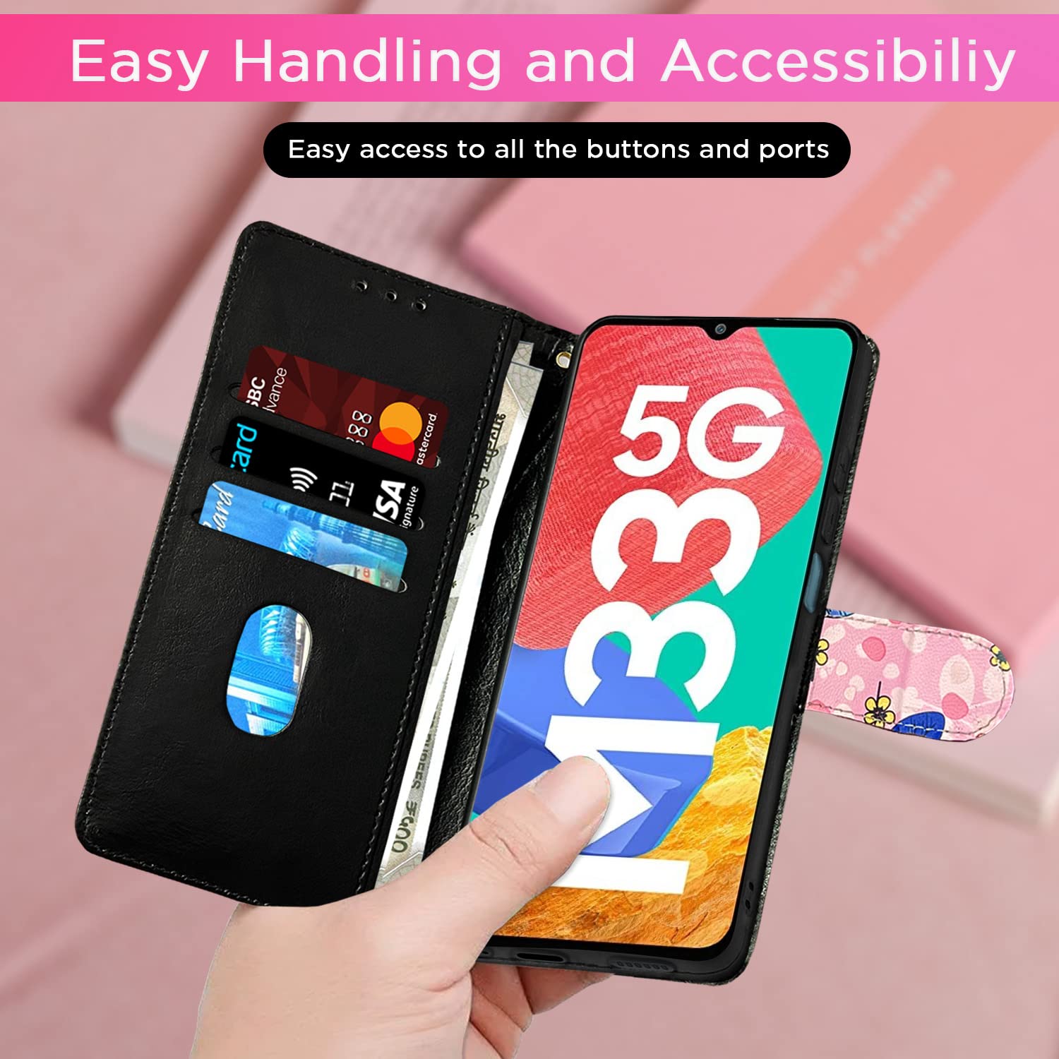 Pikkme Samsung Galaxy M33 5G Flower Flip Cover (Pink)