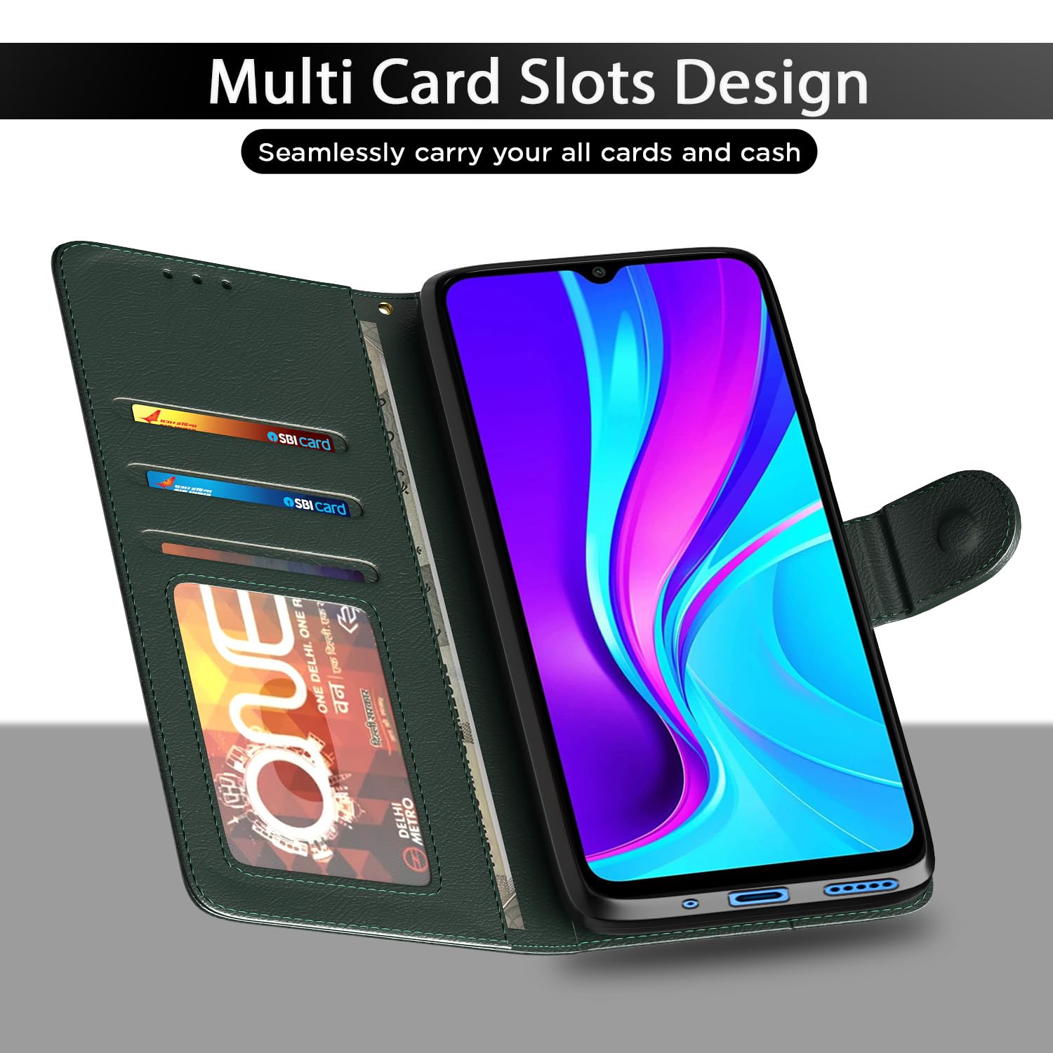 Pikkme Redmi 9 Vintage Flip Cover (Green)