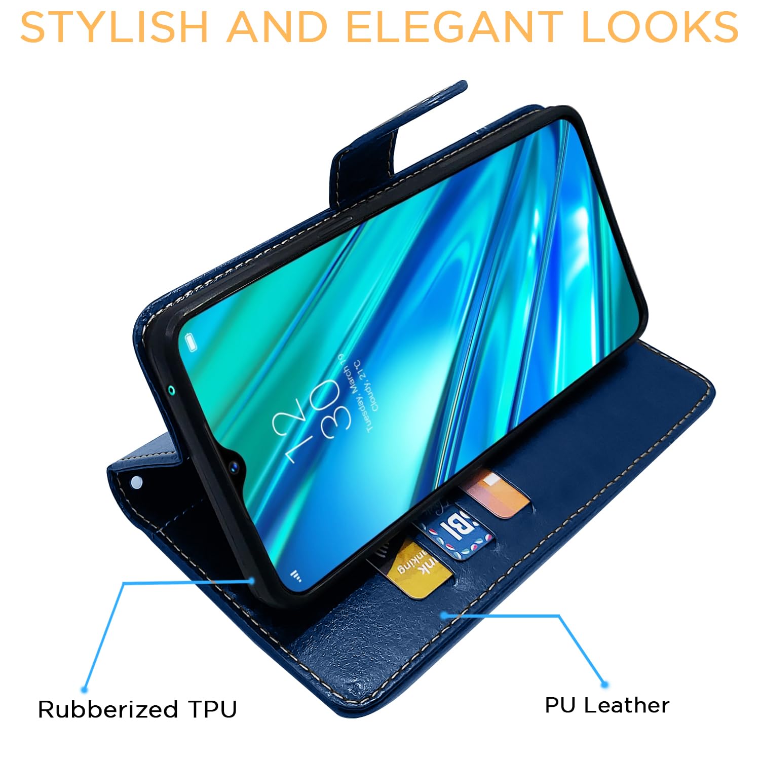Realme 5 Pro Magnetic wallet flip cover in blue & brown by Pikkme – photo 5
