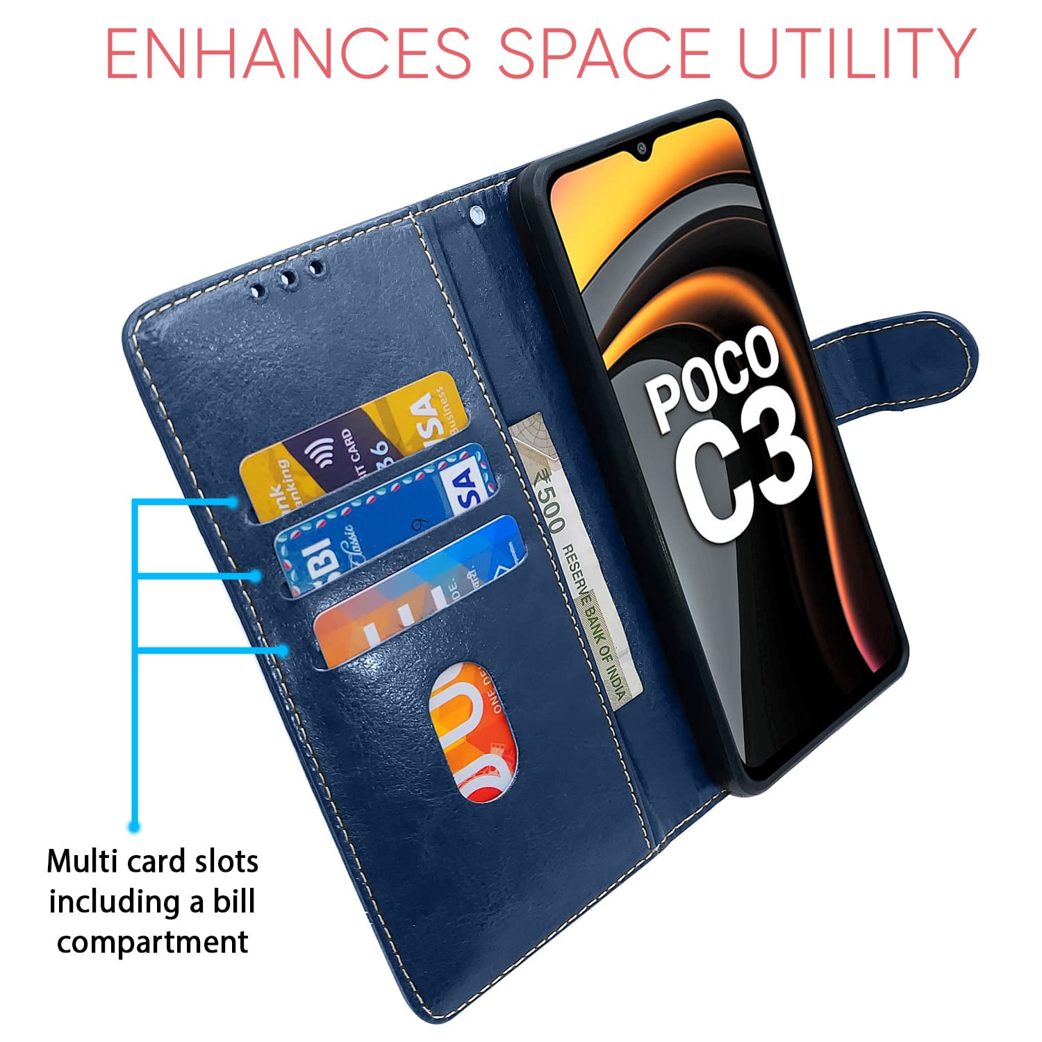 Pikkme Poco C3 Magnetic blue & brown wallet flip cover – photo 3
