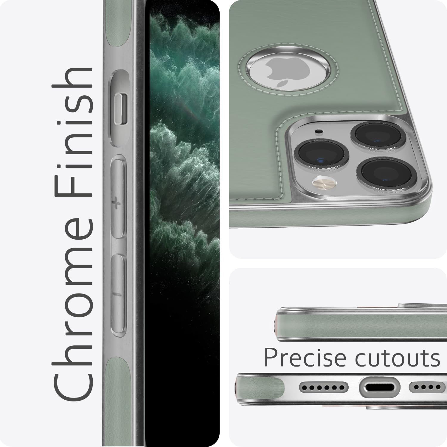 Pikkme iPhone 11 Pro Max Silver Electroplated Chrome Leather Back Cover (Green)