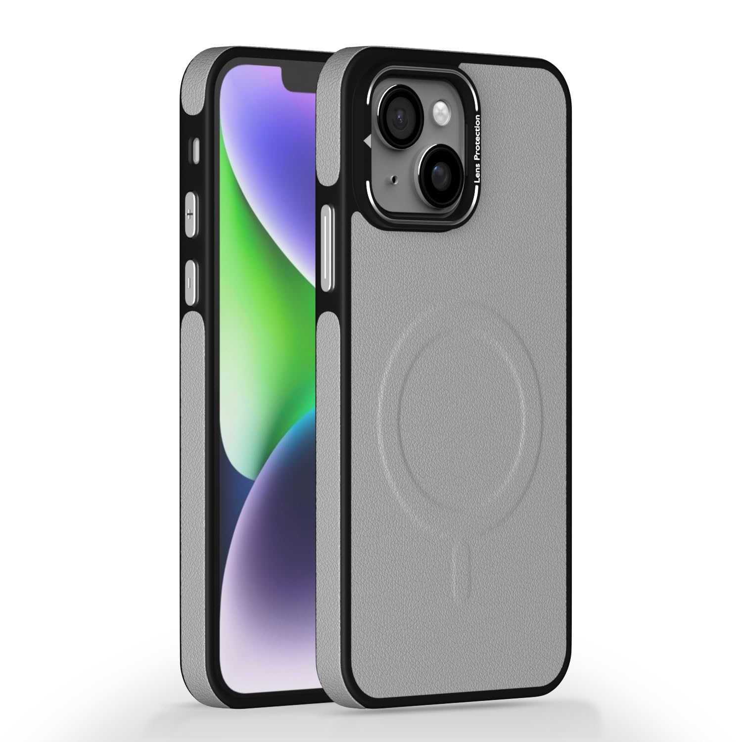 Pikkme iPhone 13 / iPhone 14 Pu Leather with Metal Frame Lens Protection Bumper Case (Grey)