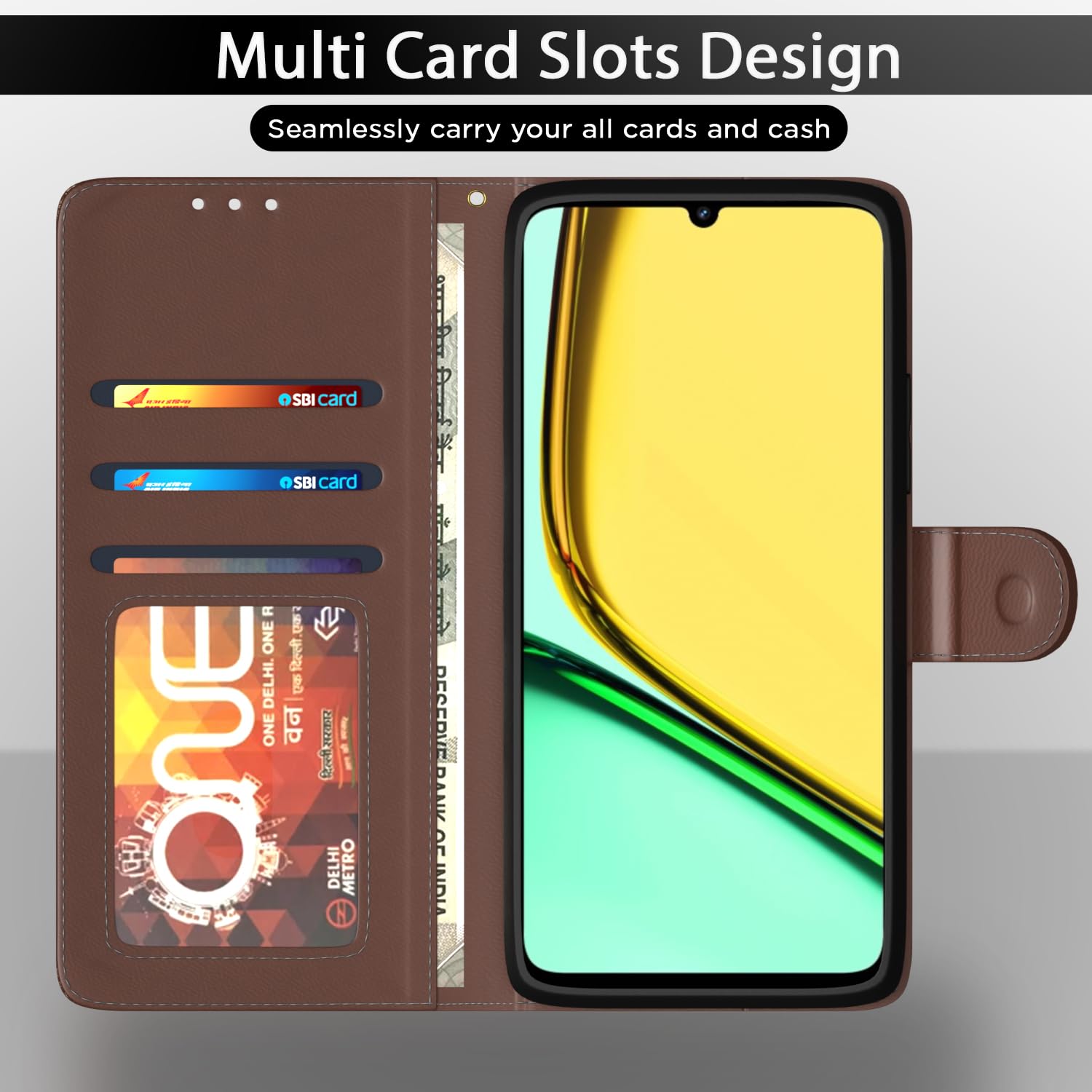 Realme C61/Narzo N61 Wallet mobile flip cover in tan by Pikkme – photo 5