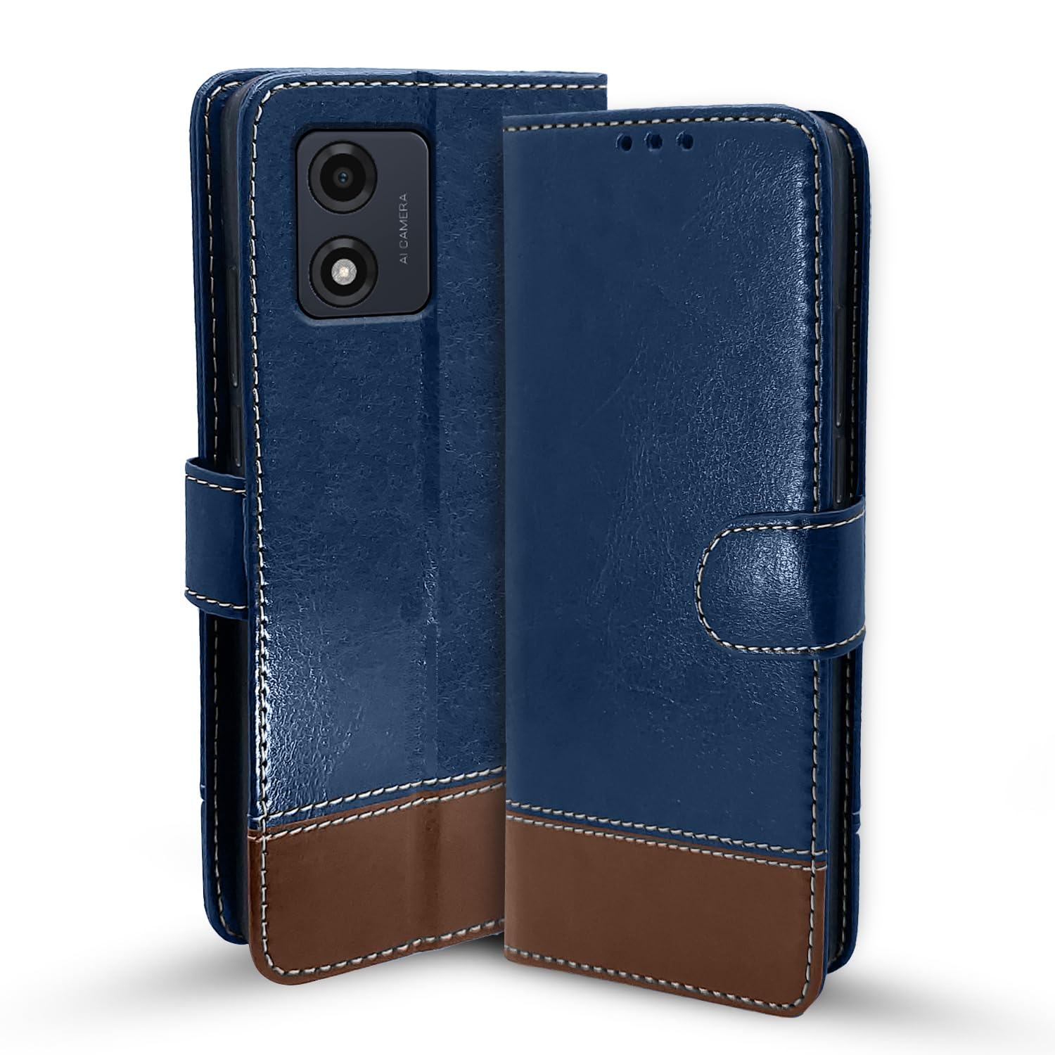 Moto E13 wallet flip cover in blue & brown by Pikkme
