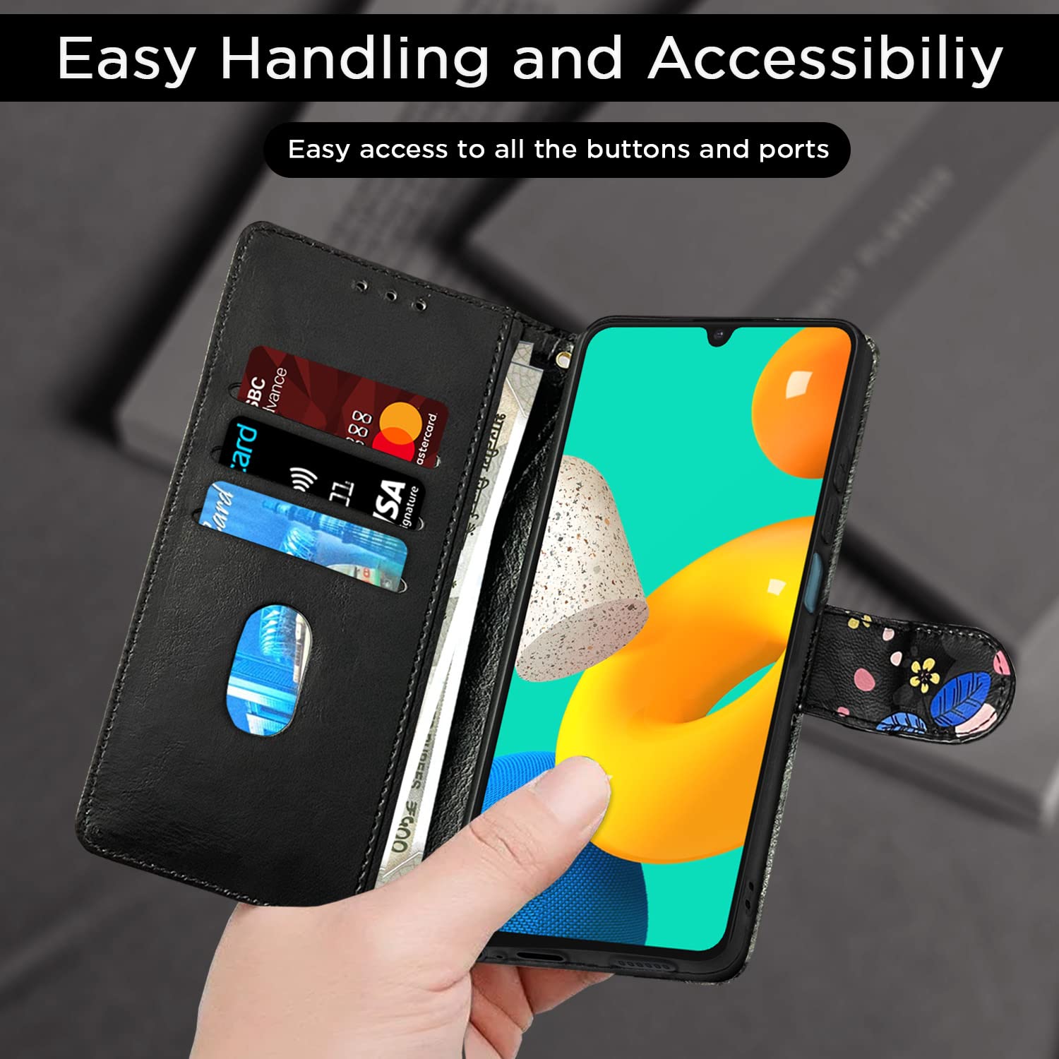 Pikkme Samsung Galaxy M32 4G / M32 Prime / F22 4G Flower Flip Cover (Black)