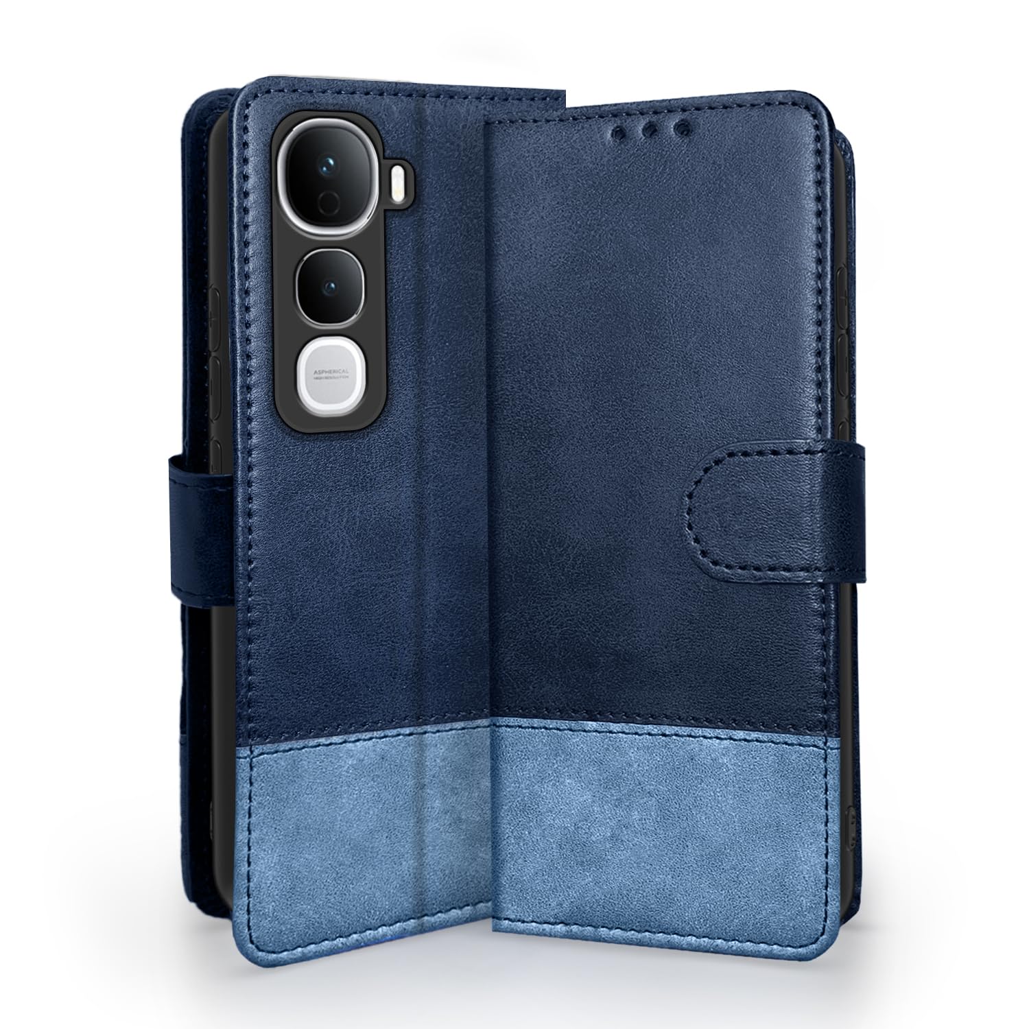Pikkme Vivo Y400 Pro 5G Dual-Tone PU Leather Finish Magnetic Flip Cover (Navy & Light Blue)