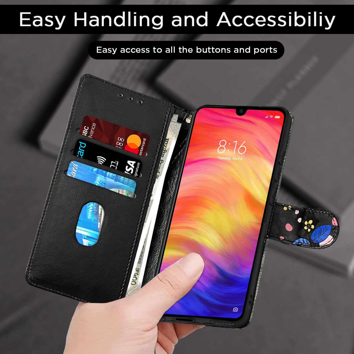 Pikkme Redmi Note 7 / Note 7 Pro/Note 7s Flower Flip Cover (Black)