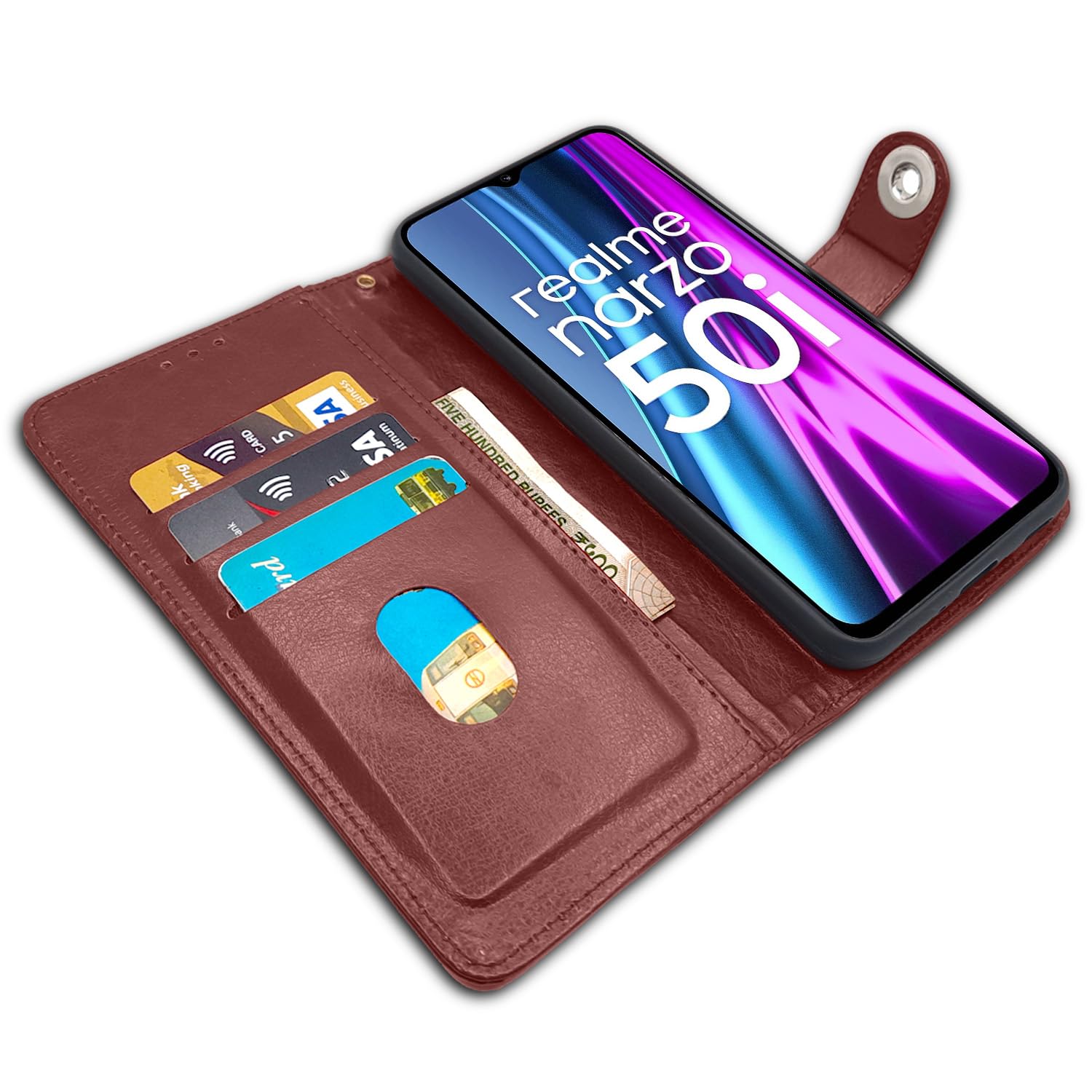 Realme Narzo 50i Magnetic wallet flip cover in brown by Pikkme – photo 3