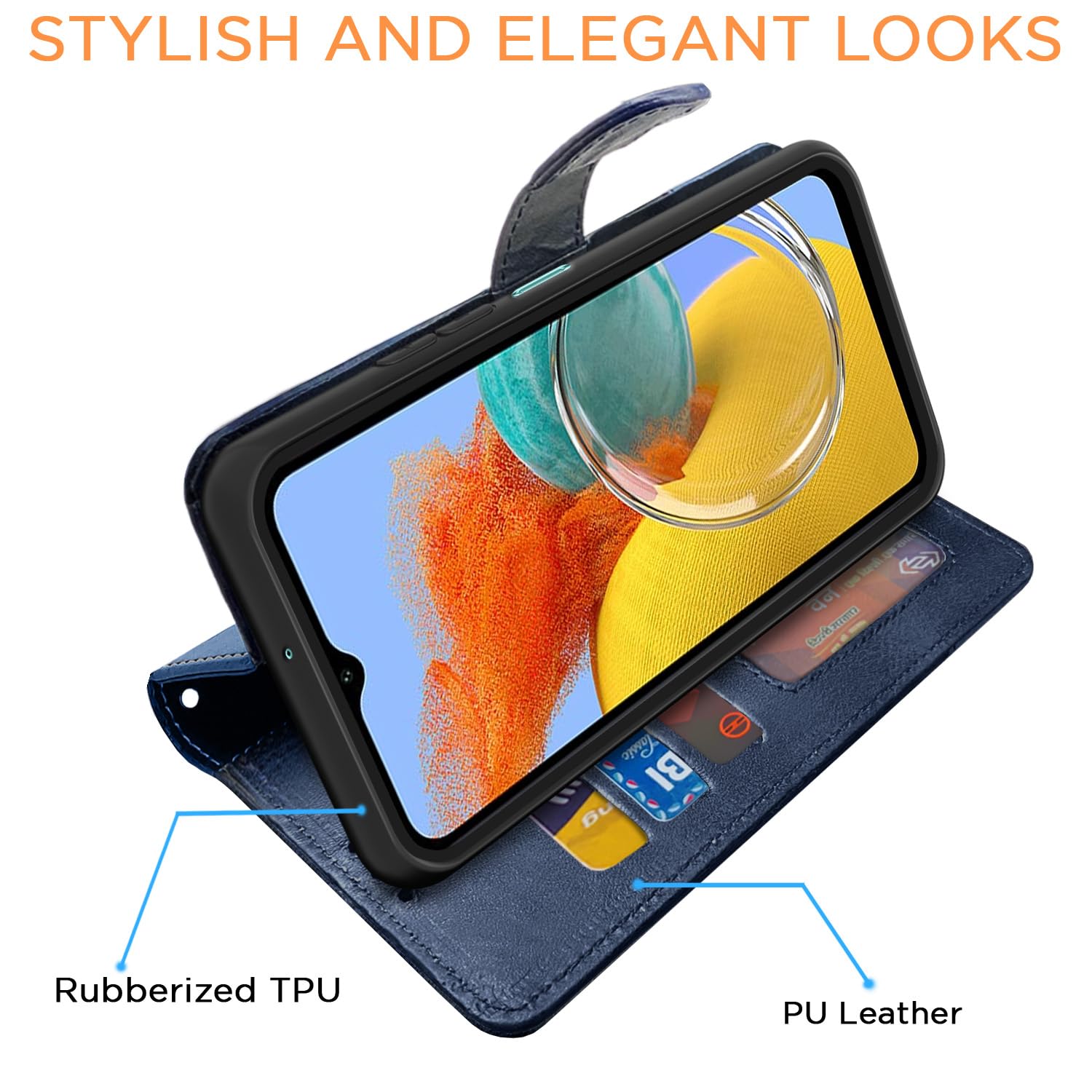 Pikkme Samsung Galaxy M14 5G Dual-Tone PU Leather Finish Magnetic Flip Cover (Navy Blue)