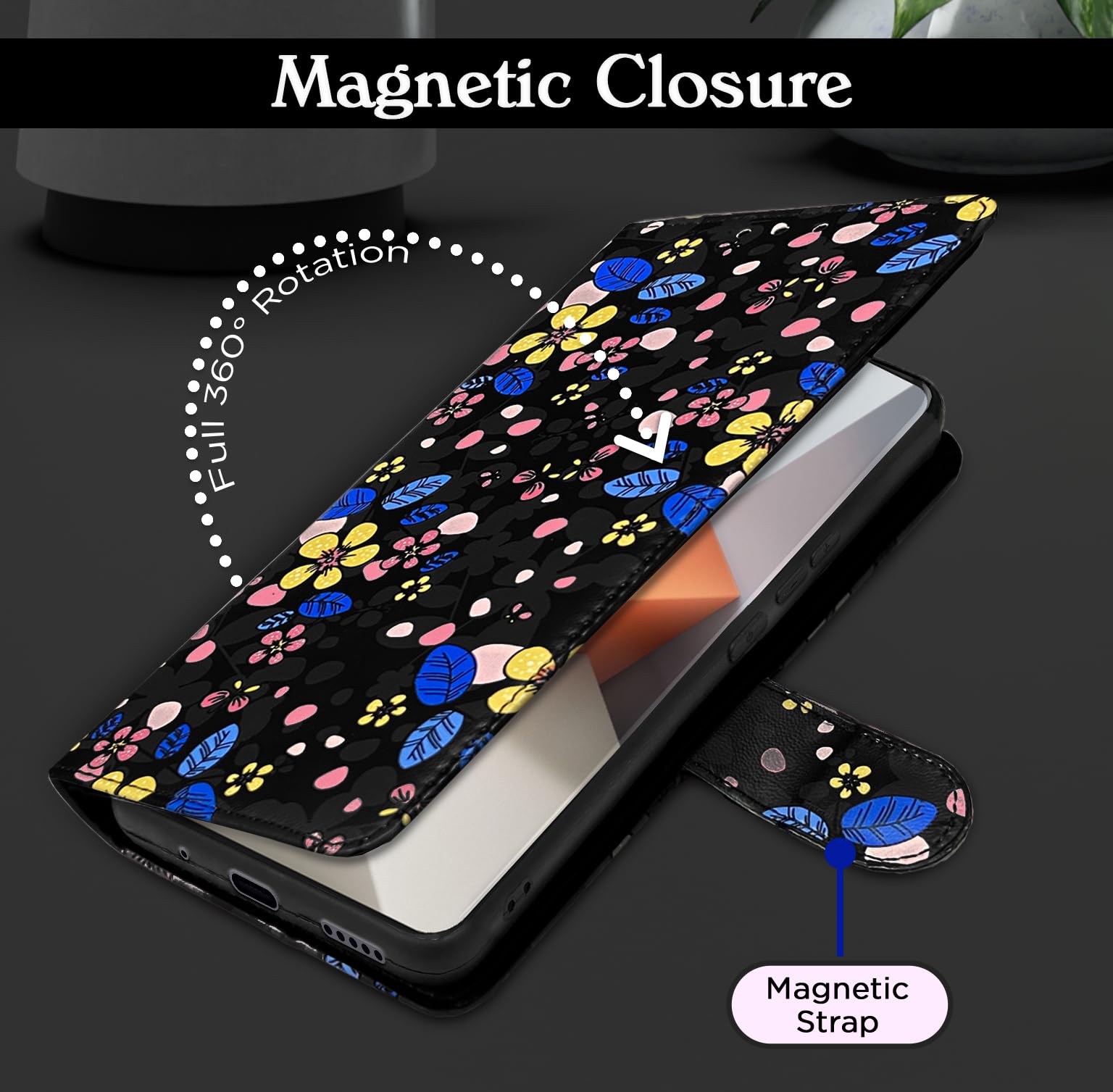 Black flower mobile flip cover for Redmi Note 13 Pro Plus 5G – Pikkme – photo 3