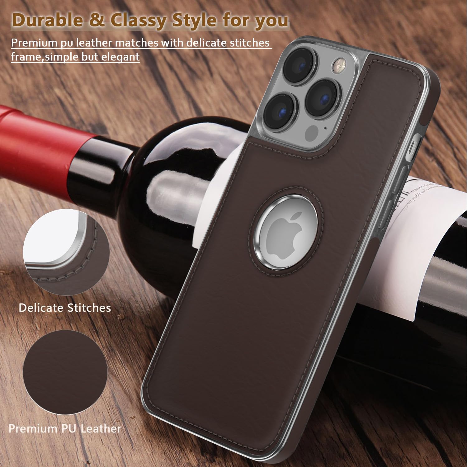 Pikkme iPhone 13 Pro Max Silver Electroplated Chrome Leather Back Back Cover (Coffee)