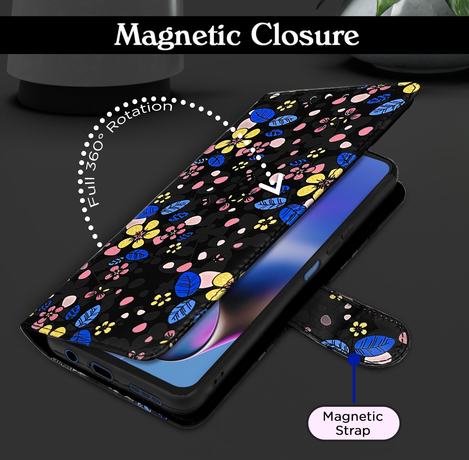 Pikkme Moto G54/G64 5G black flower mobile flip cover – photo 6