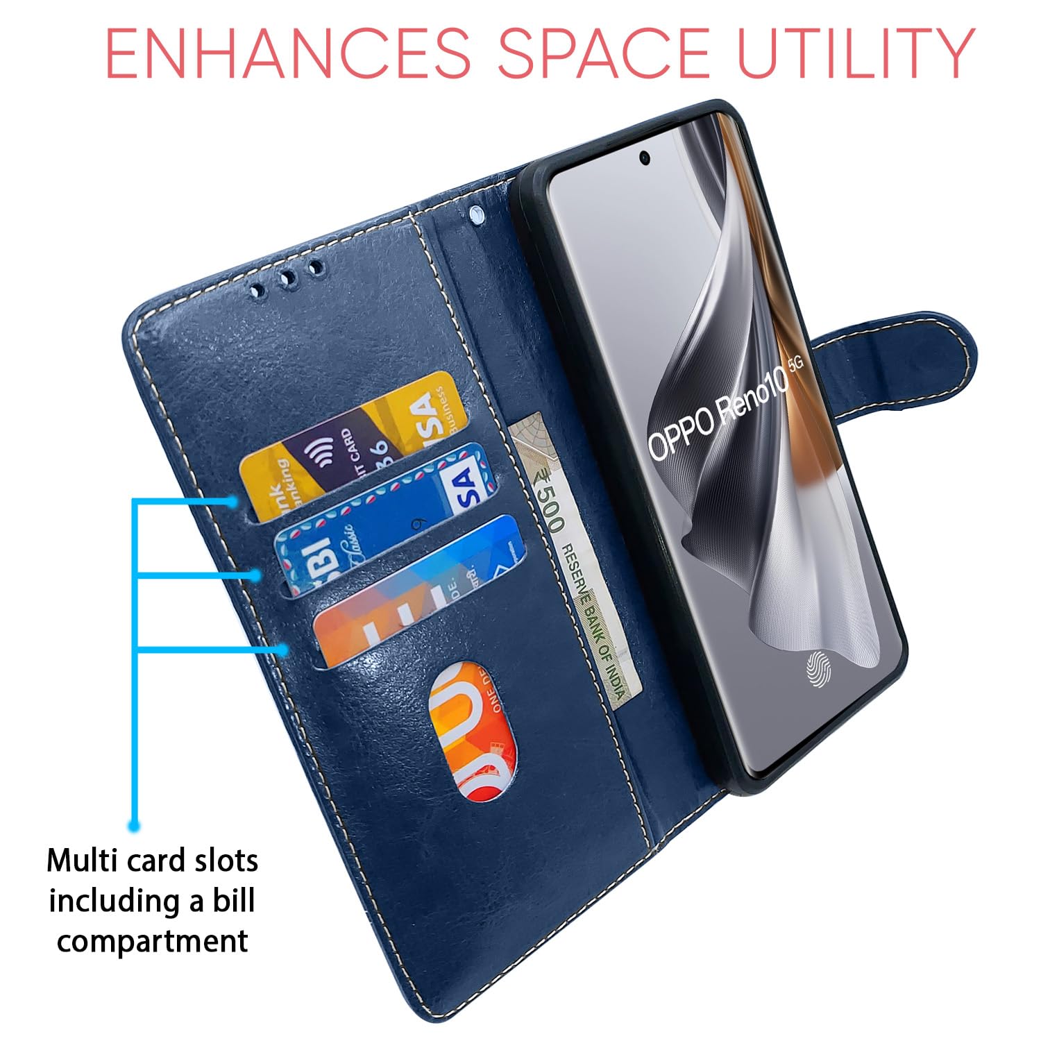 Oppo Reno 10 5G mobile flip cover in blue & brown by Pikkme – photo 3