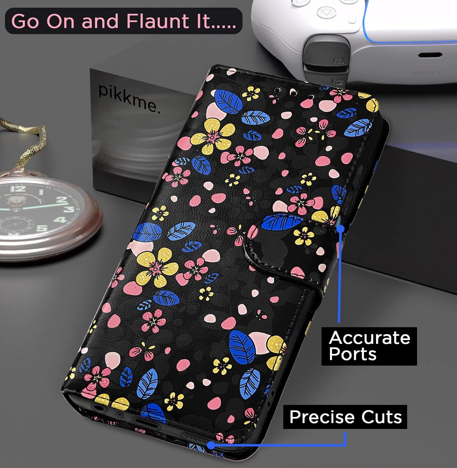 Pikkme Samsung Galaxy M13 4G Flower Flip Cover (Black)