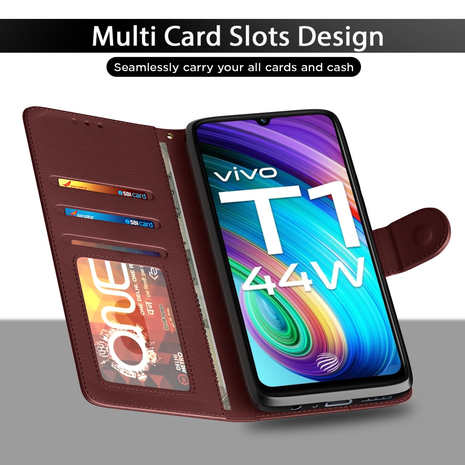 iQOO Z6 44W/T1 44W Wallet flip cover in brown by Pikkme – photo 5