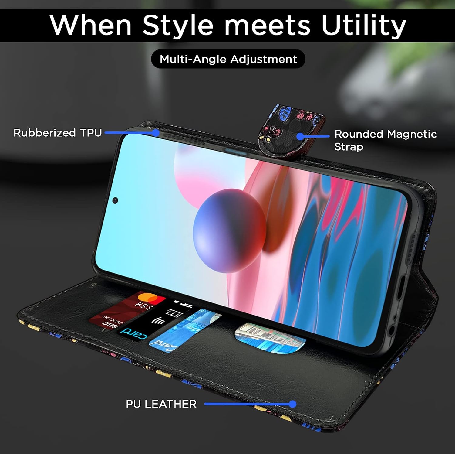 Pikkme Redmi Note 10 / 10s / 11 SE Flower Flip Cover (Black)