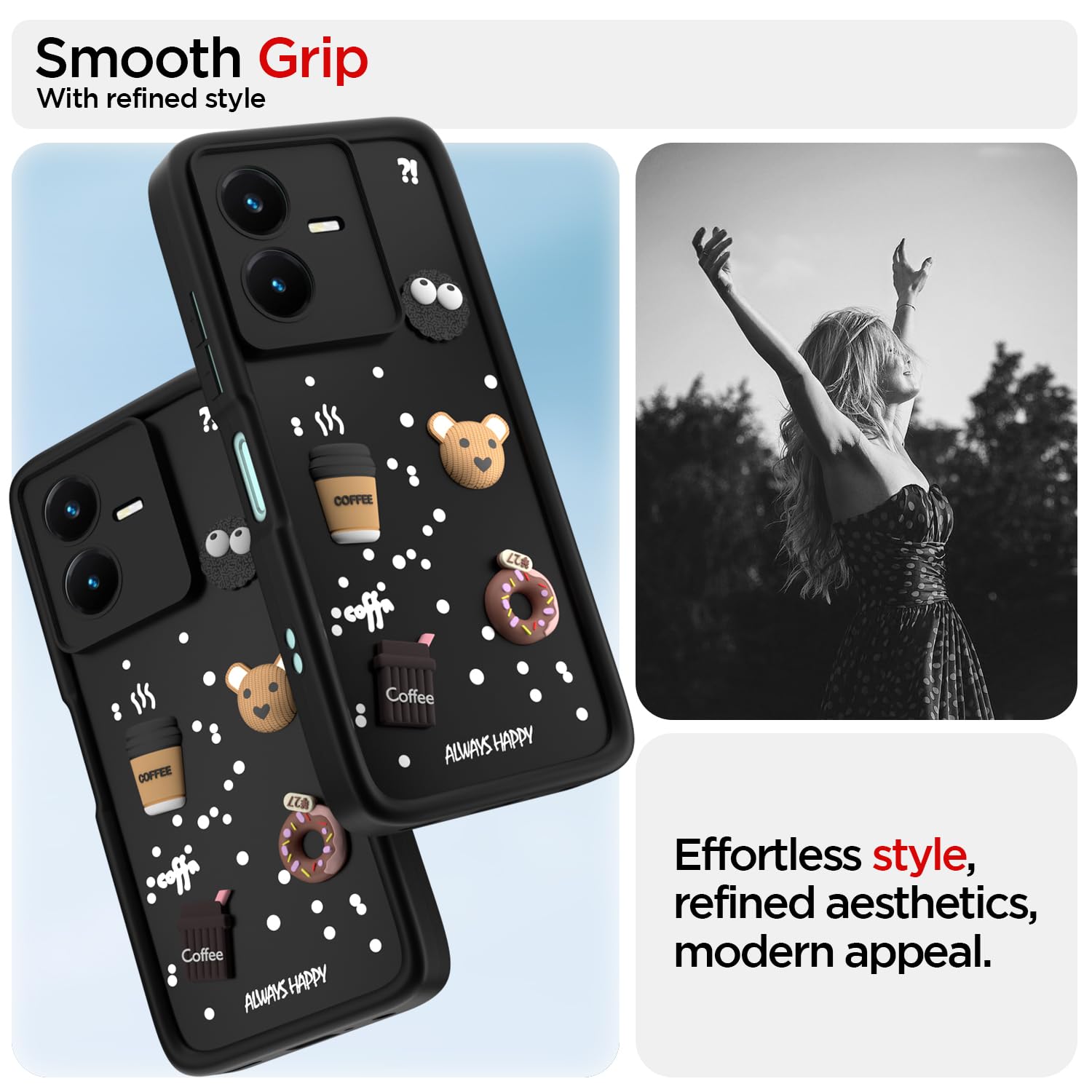 Pikkme Vivo Y22 Cute Fun Cartoon 3D Bear Coffee Back Cover (Black)