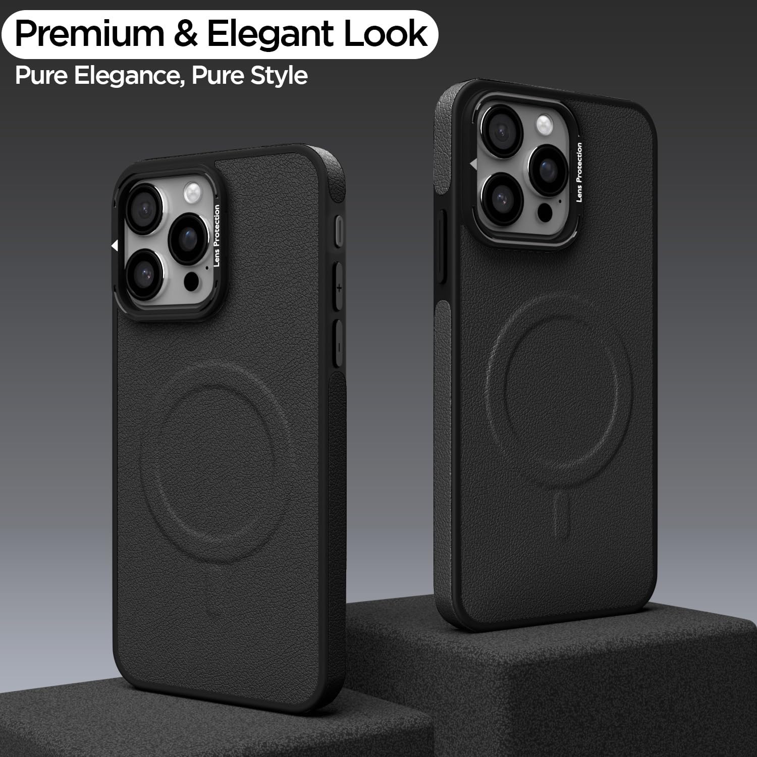 Pikkme iPhone 15 Pro Max Pu Leather with Metal Frame Lens Protection Bumper Case (Black)