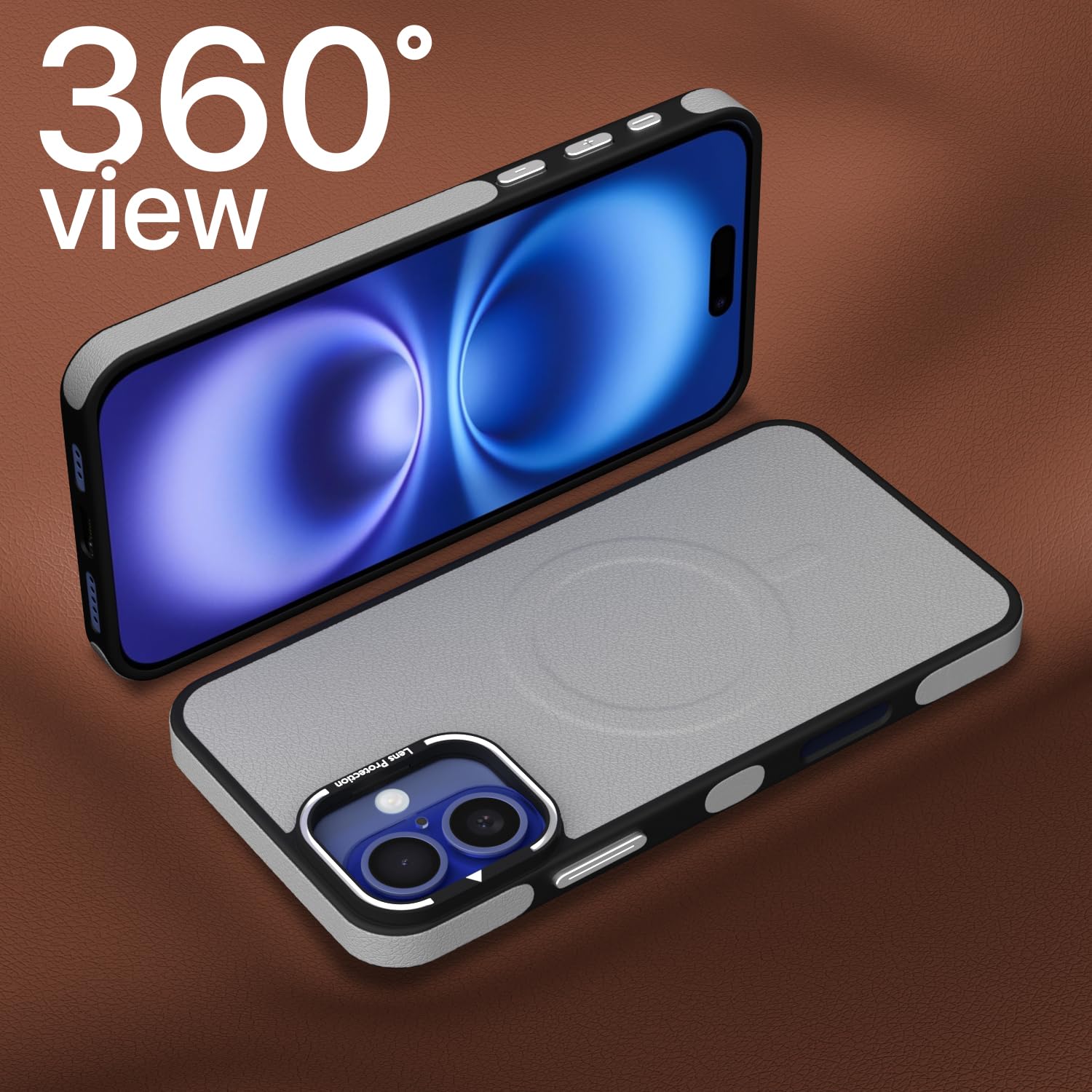 Pikkme iPhone 16 Pu Leather with Metal Frame Lens Protection Bumper Case (Grey)