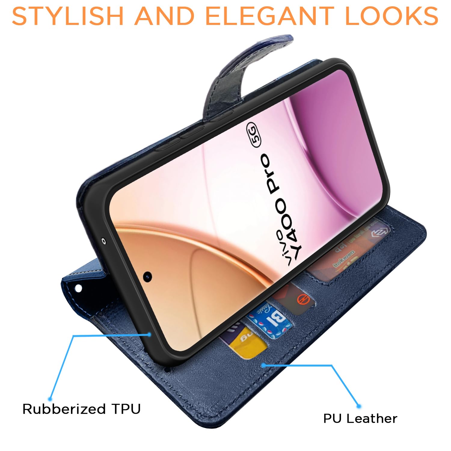 Pikkme Vivo Y400 Pro 5G Dual-Tone PU Leather Finish Magnetic Flip Cover (Navy & Light Blue)