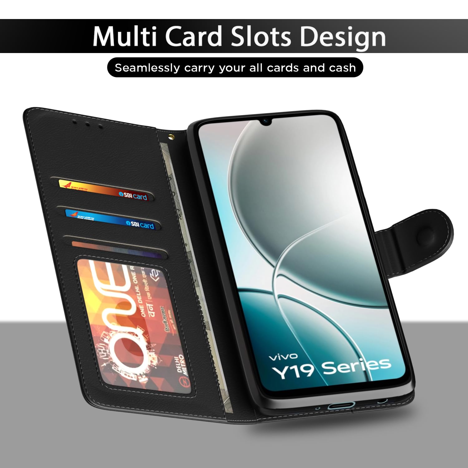 Pikkme Vivo Y19e / Y04 4G / Y29s 5G Vintage Flip Cover (Black)