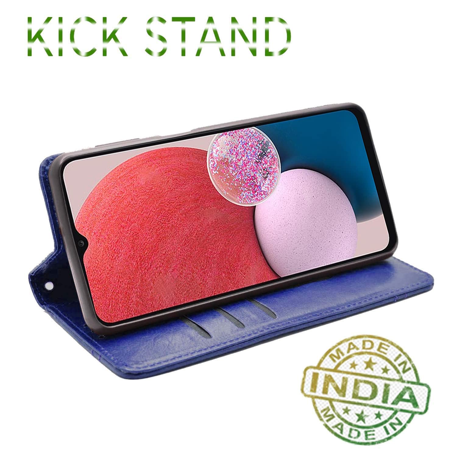 Pikkme Samsung Galaxy A13 4G Premium Leather Magnetic Flip Cover (Blue)